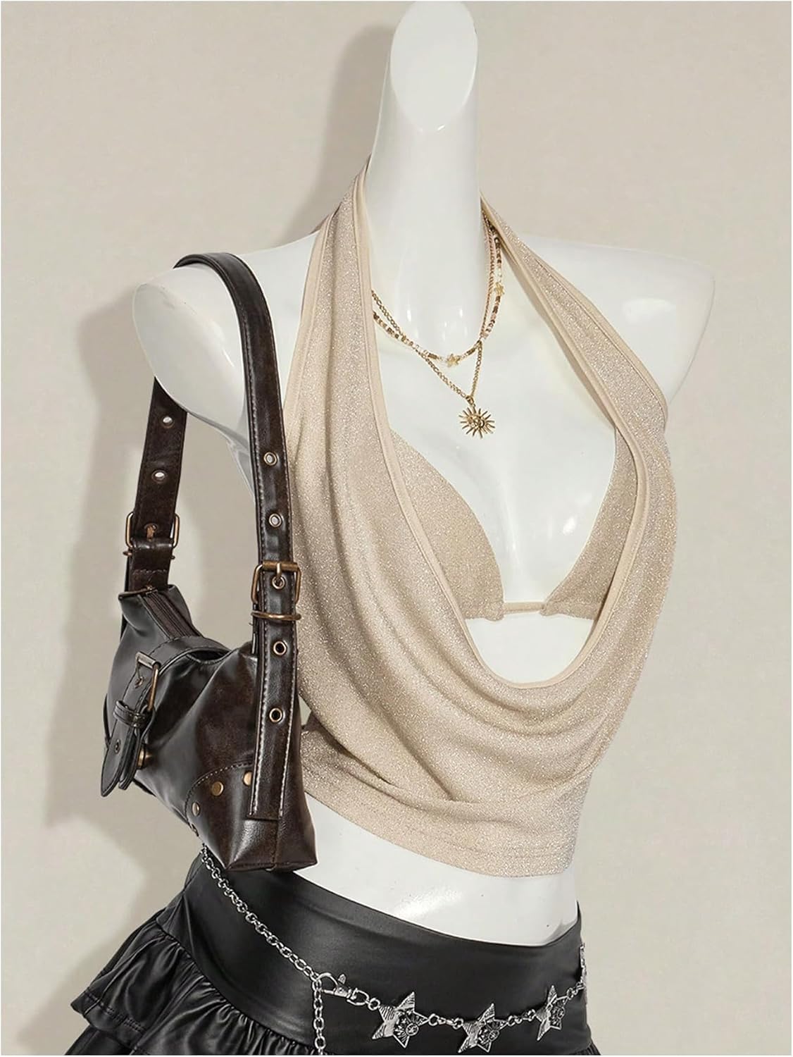 SweatyRocks Women's Sexy Y2k Glitter Halter Crop Tops Low Cut Going Out Top with Rave Micro Crop 2 Piece Outfits - Image 4