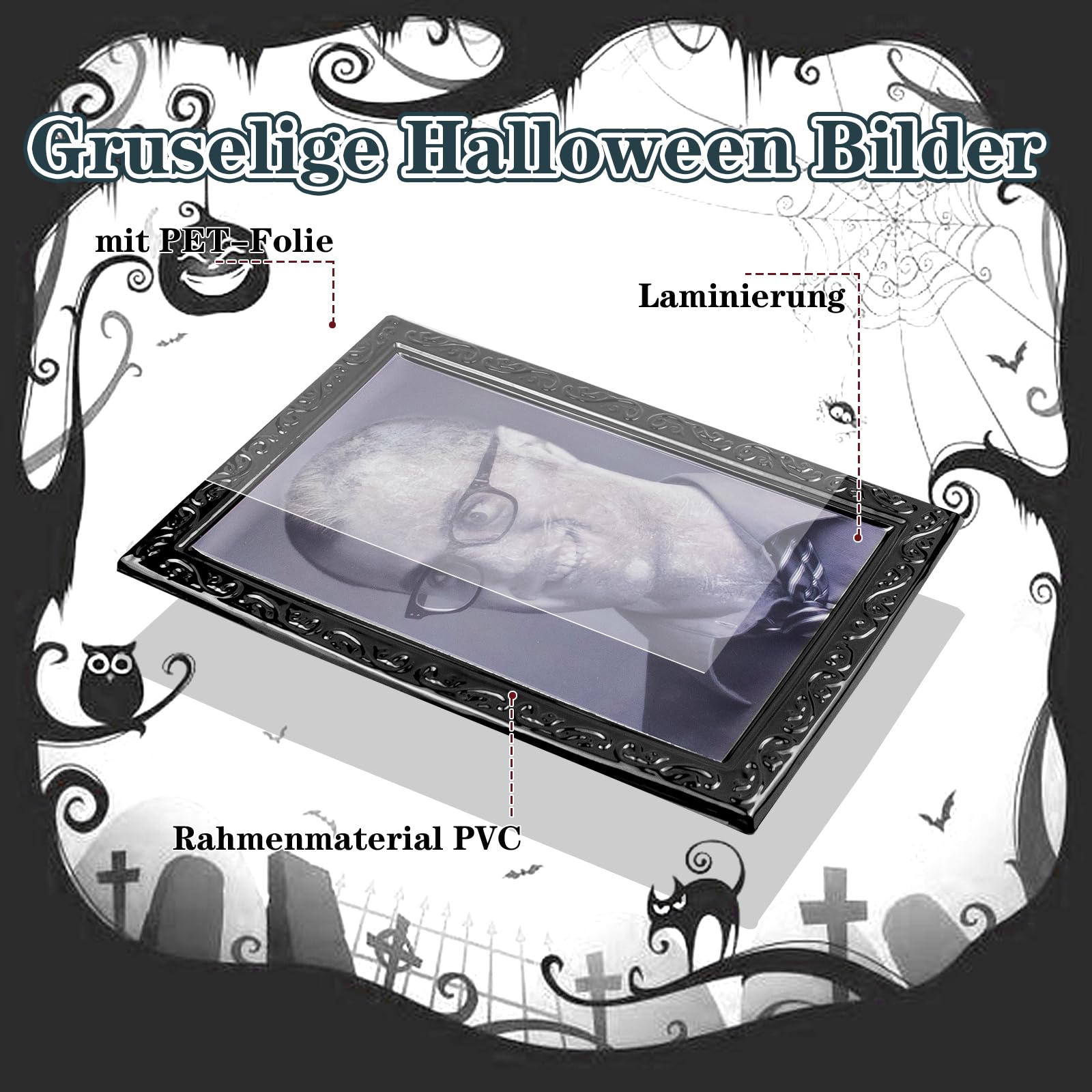 4x Halloween Wandbilder 33x25cm - 3D Horror Bilderrahmen Grusel Deko