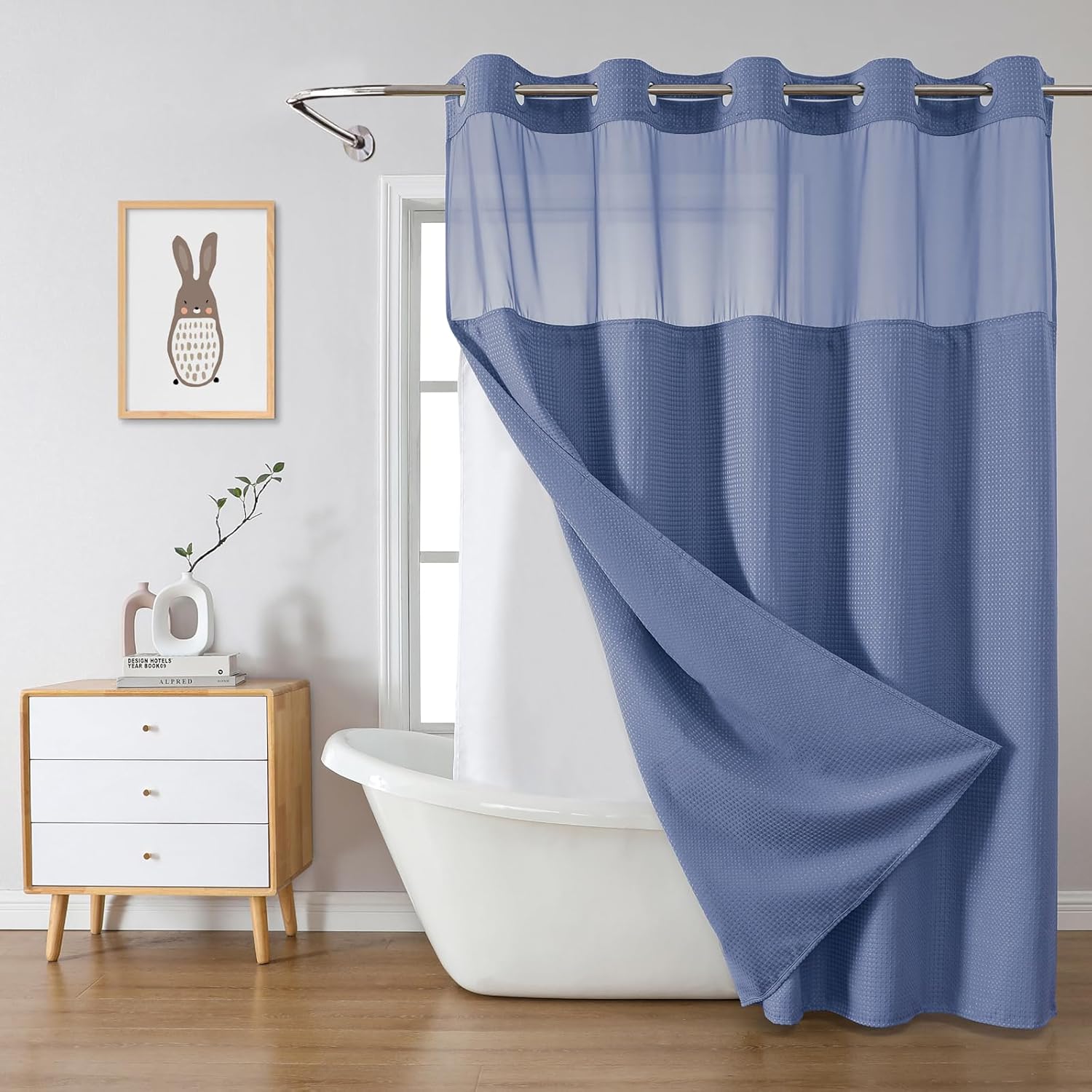 MoonLightBlue Long No Hook Waffle Weave Shower Curtain with snap-in Liner Replacement, 230GSM Waterproof Fabric Hotel Shower Curtain Set for Bathroom, Through Mesh Top Window,71Wx80H