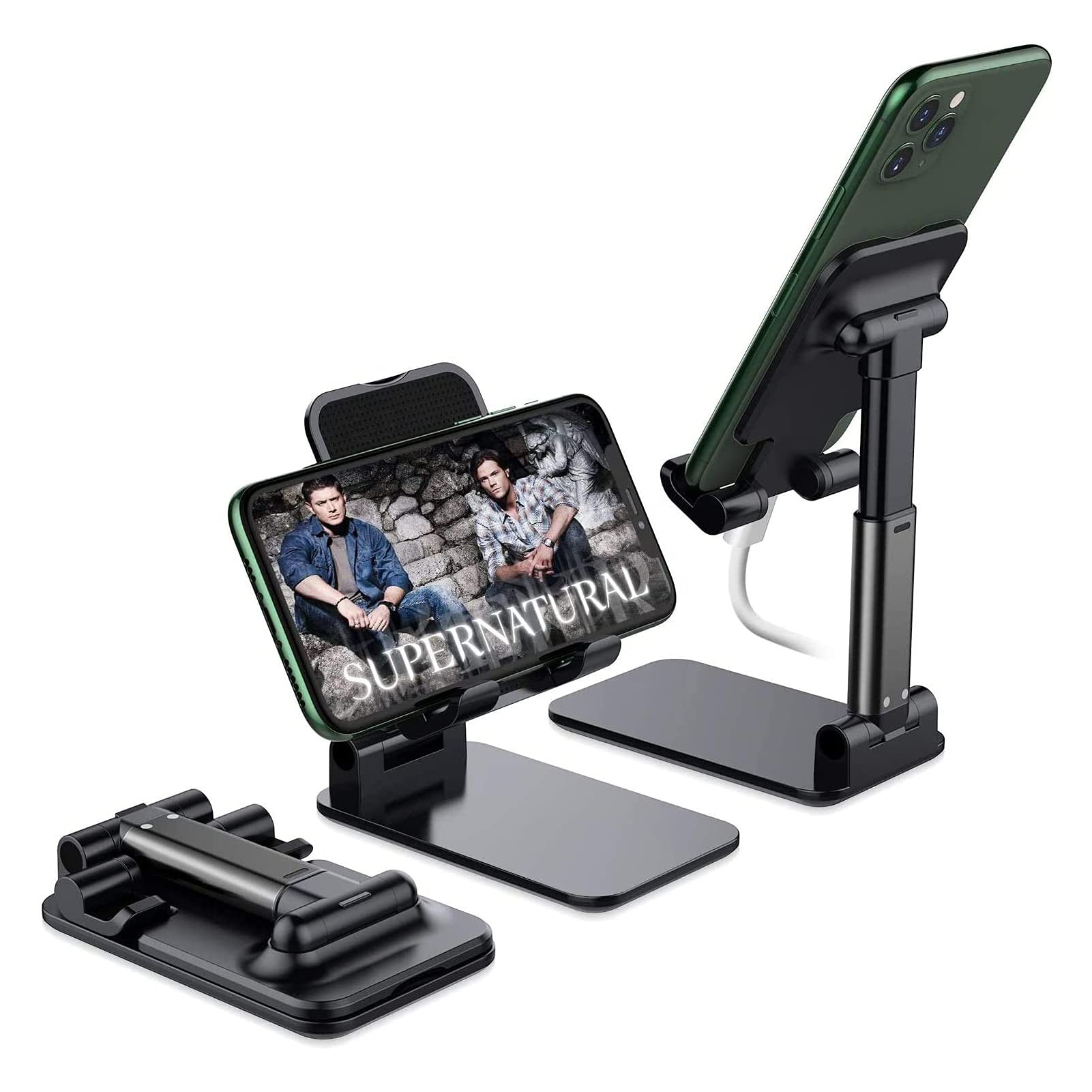 SALEX Desk Tablet Stand. Black Adjustable Desktop Phone Holder for Cooking, Charging, Office Work. Desktop Vertical Stand Holder Dock for iPhone, iPad, Samsung Tab, Kindle up to 13". Desk Kickstand.