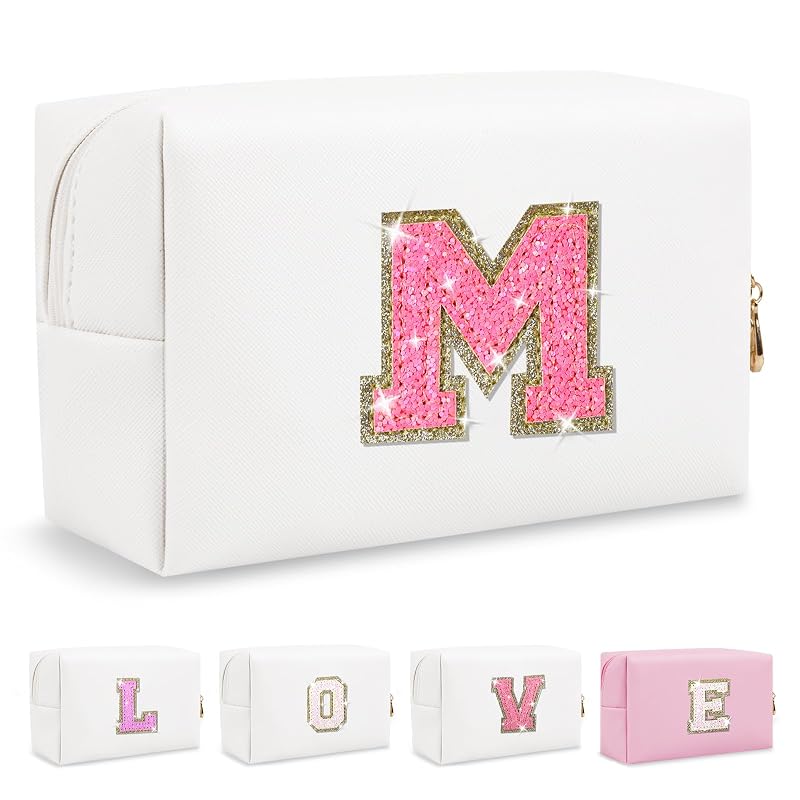 Necessaire de maquiagem ChaoGreat branca com patch de inicial A-Z, couro PU com glitter e zíper