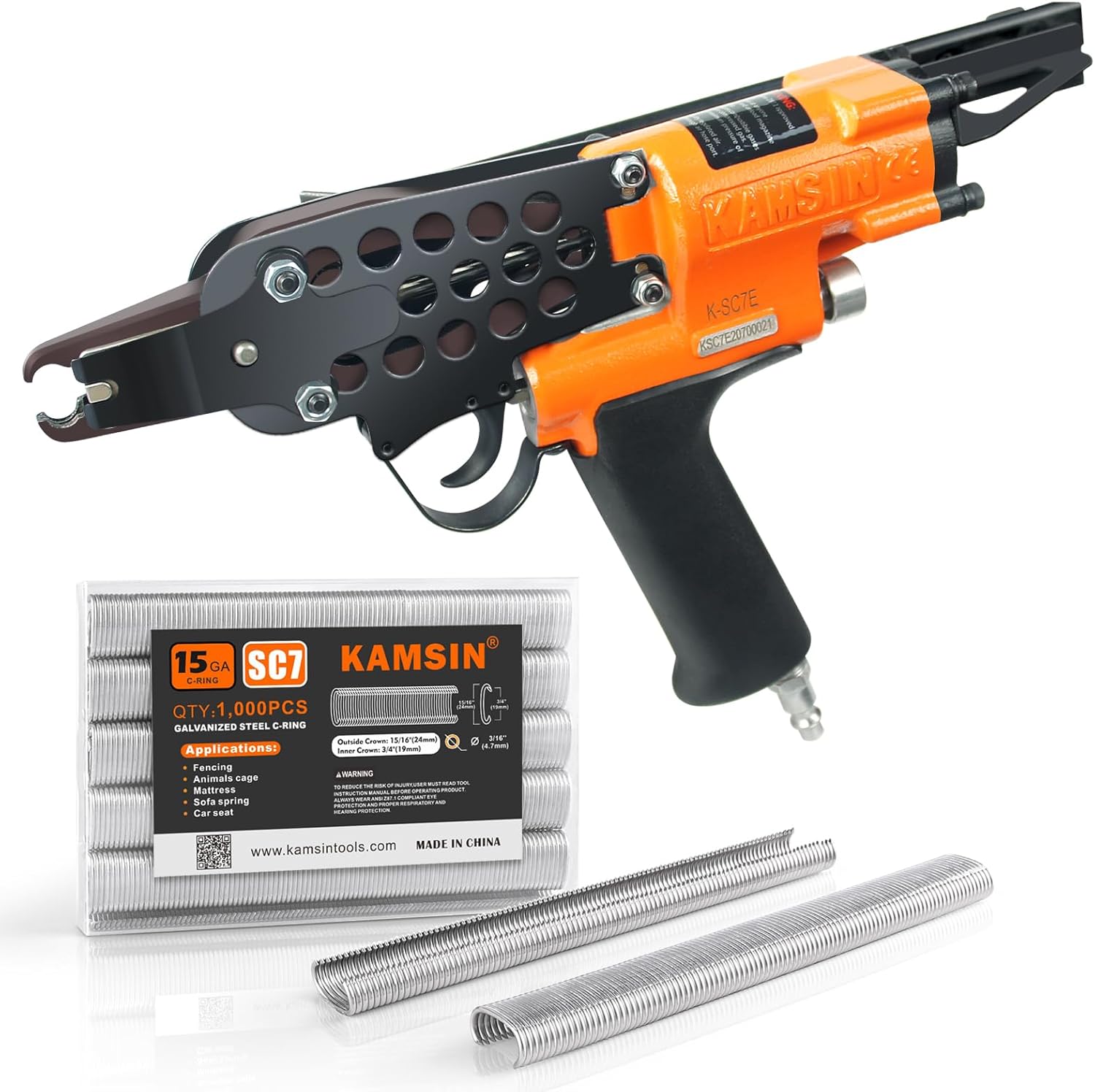 Kamsin K-SC7E 15 Gauge Long Nose Pneumatic Hog Ring Gun Kit - 19mm C Ring Staples with 1000PCS Staples (7-8mm Closure) - Air Powered for Wire Cages, Fencing, Animal Traps