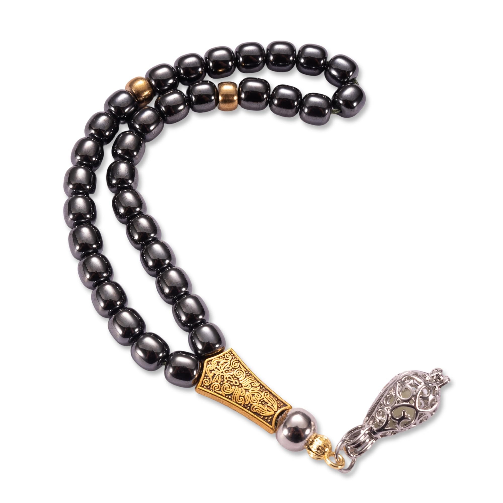 Hematite 33-Bead Islamic Prayer Beads Tasbih with Luminous Pendant, Handcrafted Misbaha for Daily Dhikr & Meditation, Elegant Gift Box Included, Ideal Ramadan/Eid/Birthday Gifts for Men & Women