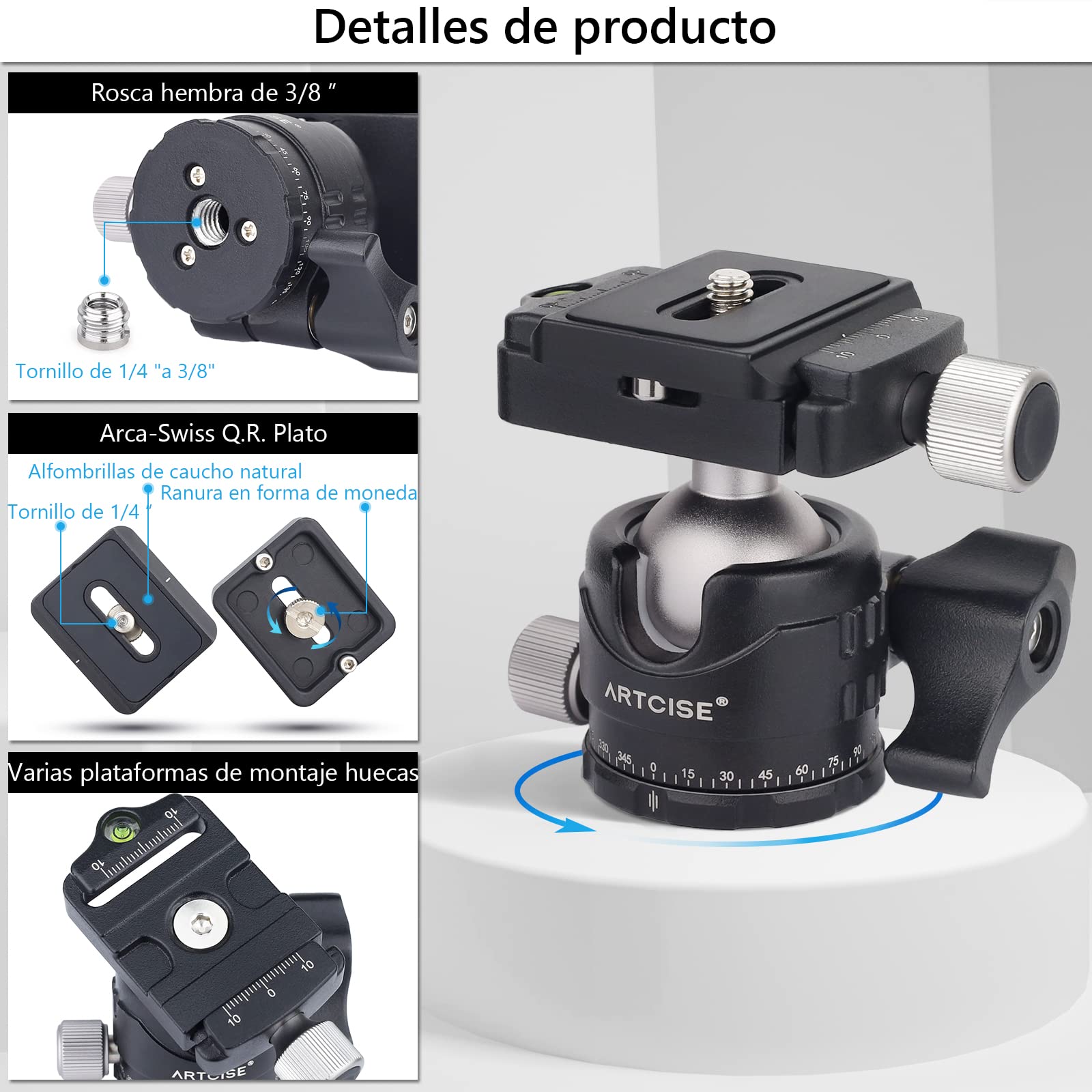 Cabezal de trípode de perfil bajo, ARTCISE EB30S Mini cabeza de bola de metal de 30 mm de diámetro, placas de liberación rápida de 1/4 ", 3 tornillos de conversión de 1/4" a 3/8 "para cámara, DSLR