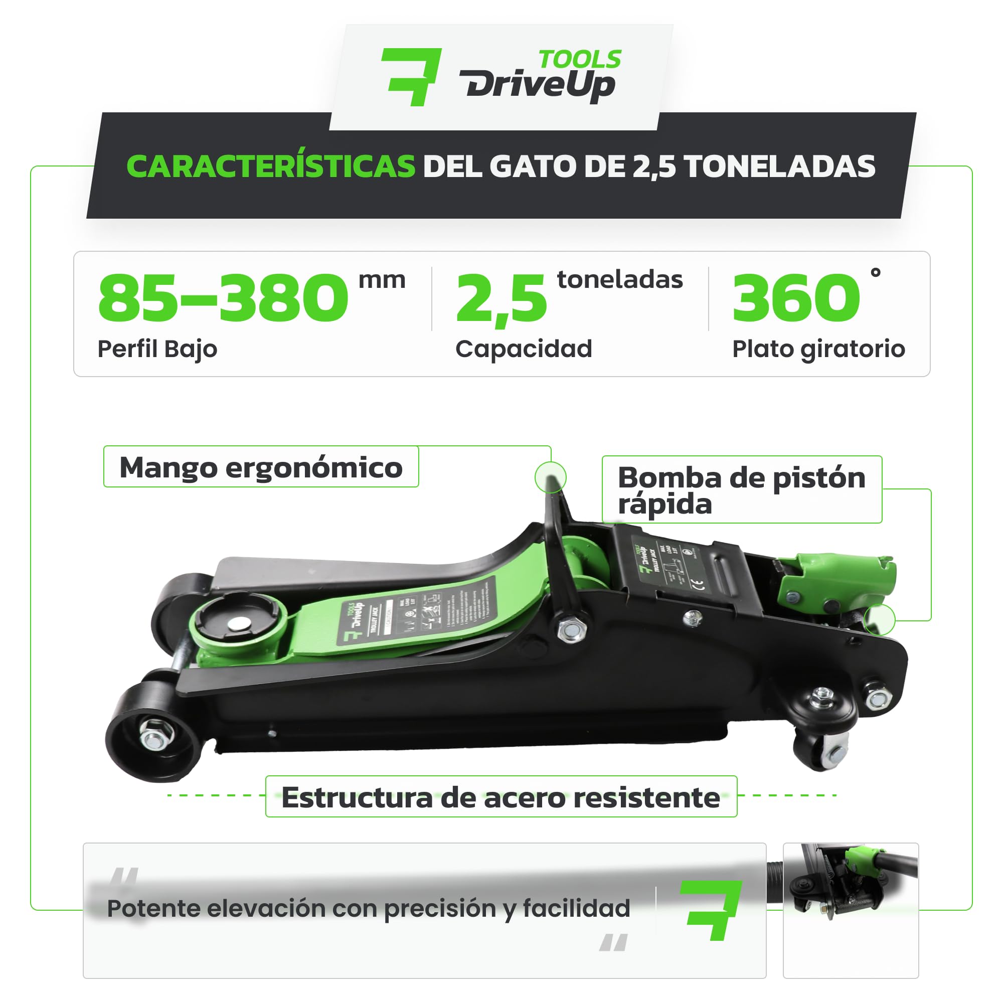 Gato hidraulico para Coche 2,5T. Gato Coche bajo Perfil Altura elevación 85-380mm con Almohadilla de Goma. Capacidad hasta 2500kg (Sin Maleta)