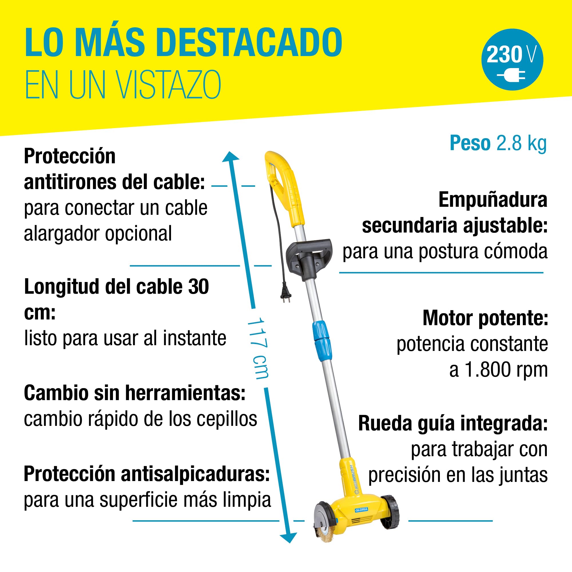 GLORIA Rascador de Juntas Eléctrico WeedBrush | Cepillo para Malezas 230V | A cavo 230V | Limpieza de juntas de terrazas y adoquines | Mango ergonómico ajustable | Incluye cepillo de alambre de acero
