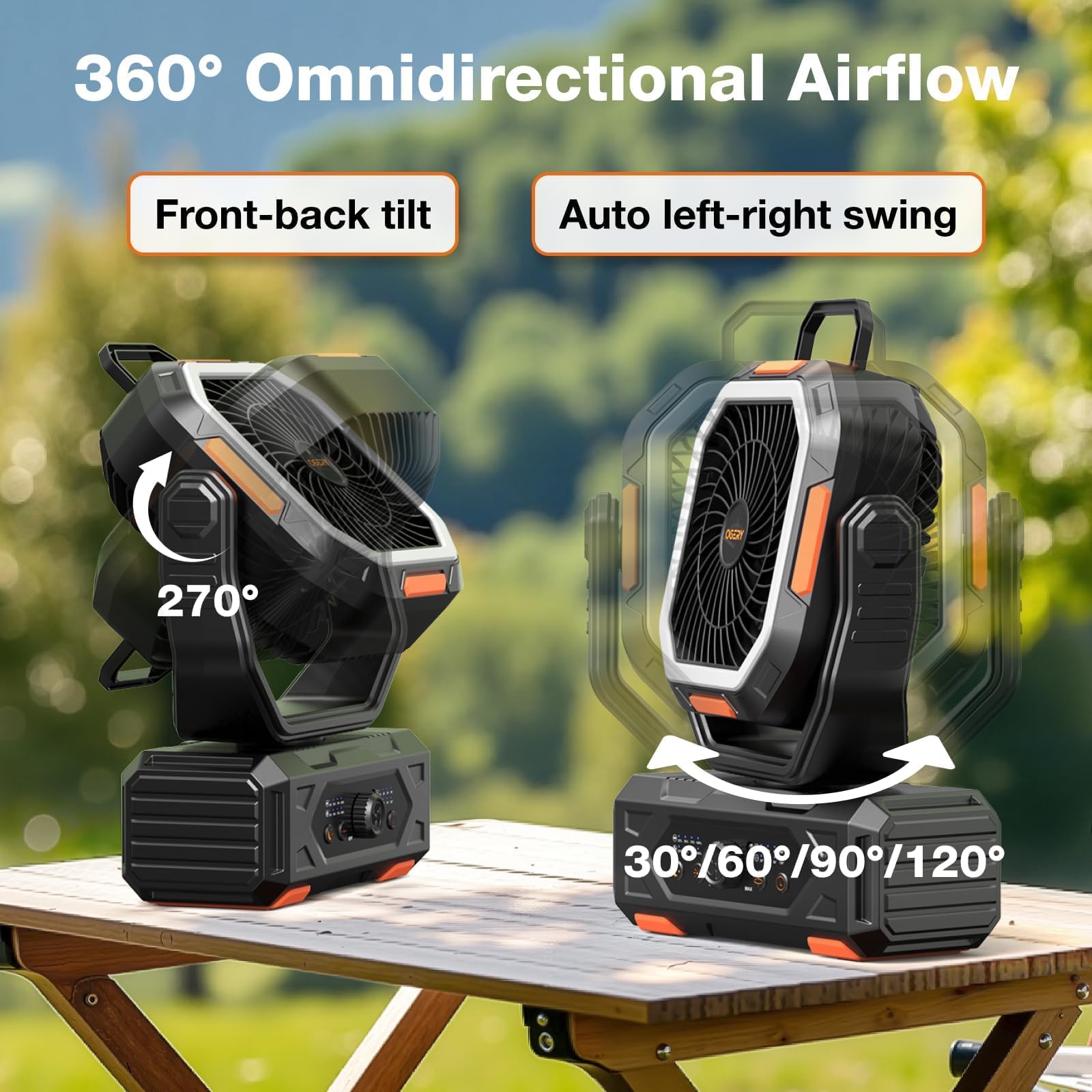 OGERY Ventilatore portatile ricaricabile, 30000 mAh, ventilatore da campeggio per tenda, camper e esterni con durata fino a 322 ore, ventilatore alimentato a batteria con telecomando, lanterna LED
