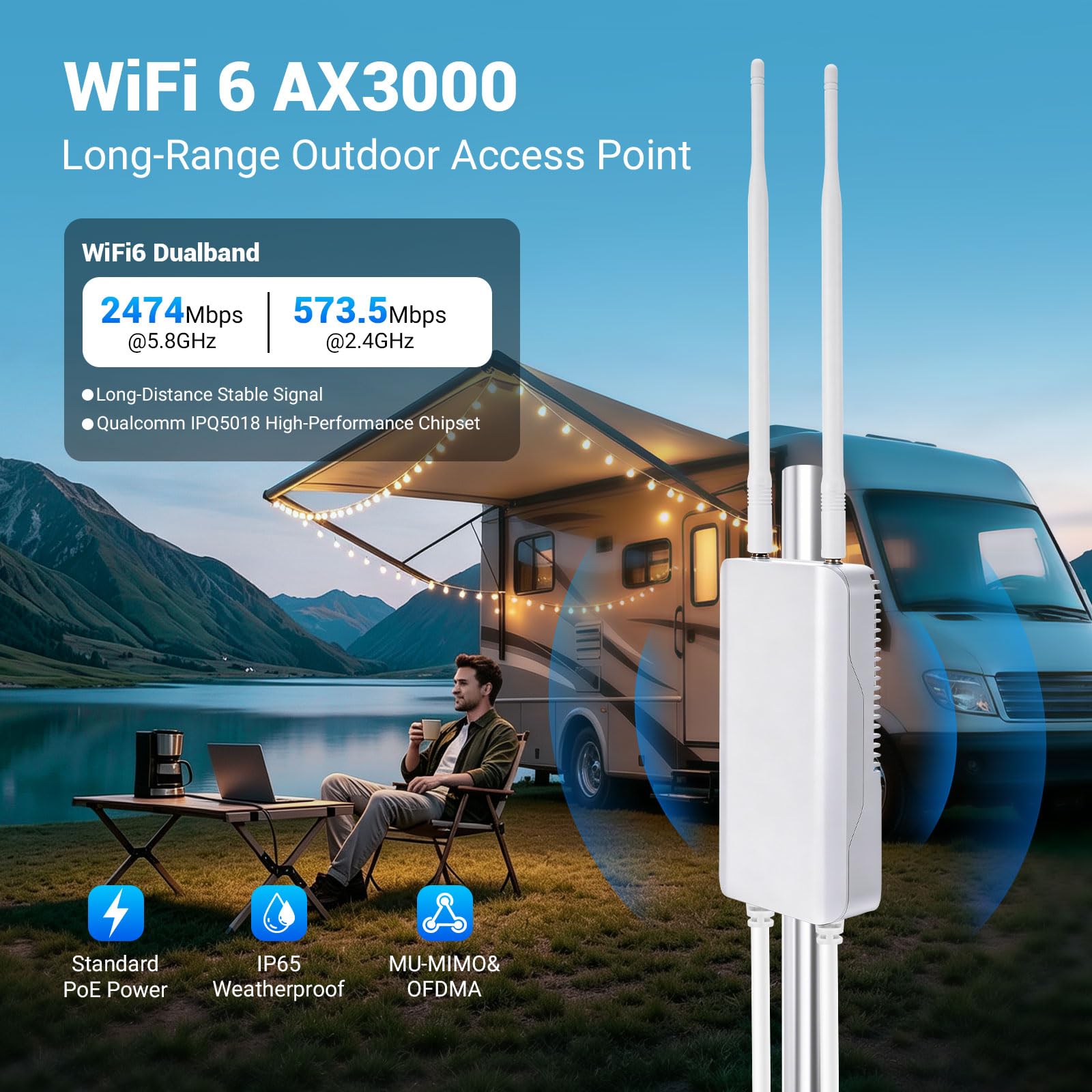 AX3000 Amplificateur WiFi extérieur WiFi 6 Gigabit PoE Point d'accès 3000 | Quad-Core IPQ5018, IP65 résistant aux intempéries, protection contre la foudre 6 KV de -30 °C à 55 °C, double bande 3047 Mbps
