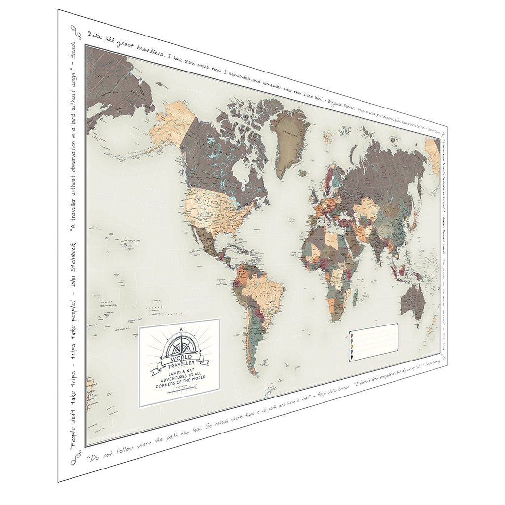Personalised World Map Poster - 105 X 67cm - With 100 Pins - Huge World Map Poster, Wall Decoration, Travel Gift, Home Décor