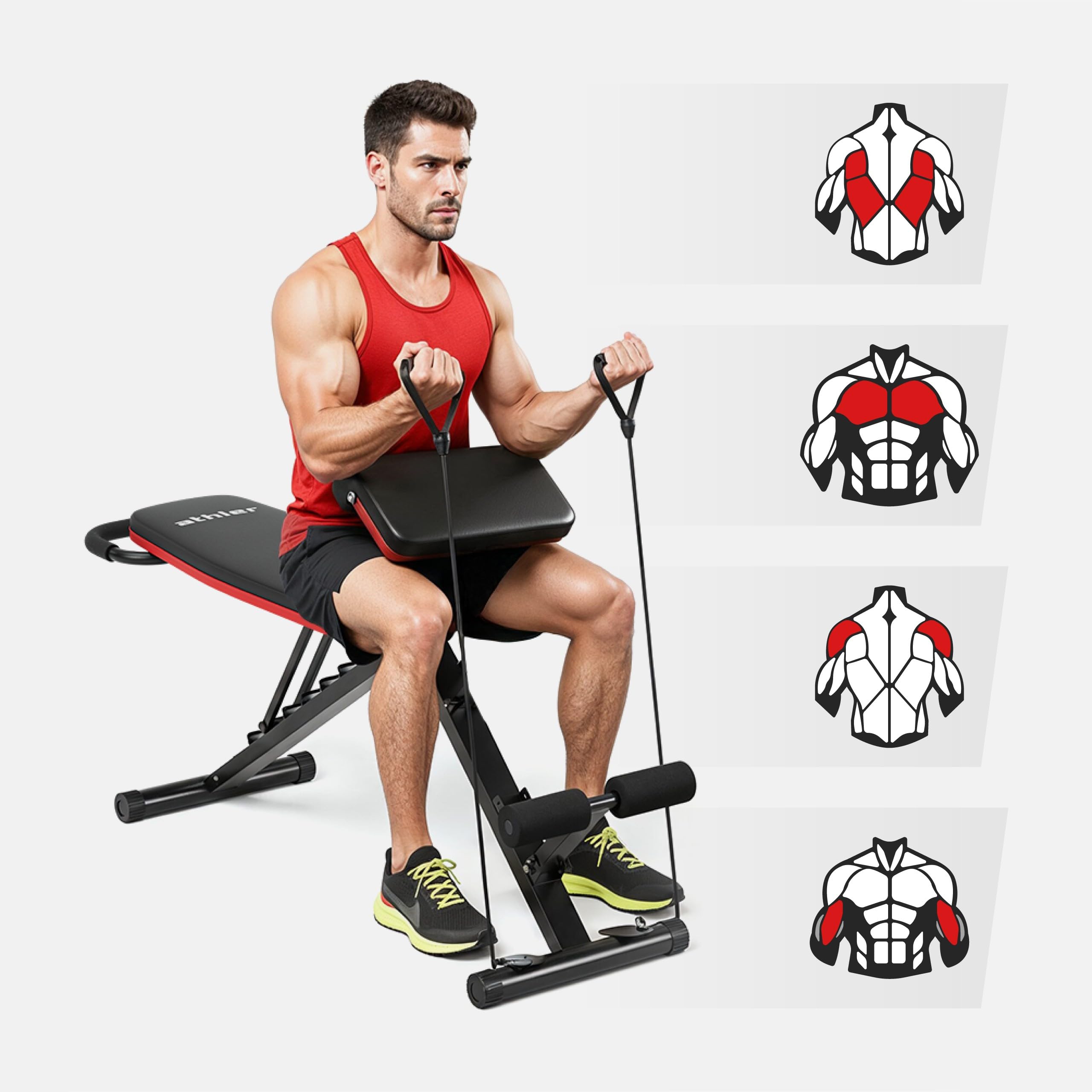 ATHLER Gorilla 15 regulowana ławka do podnoszenia ciężarów – składana – ławka treningowa skośna – 7-stopniowa regulacja oparcia – z taśmami fitness – do domu, na siłownię, trening całego ciała