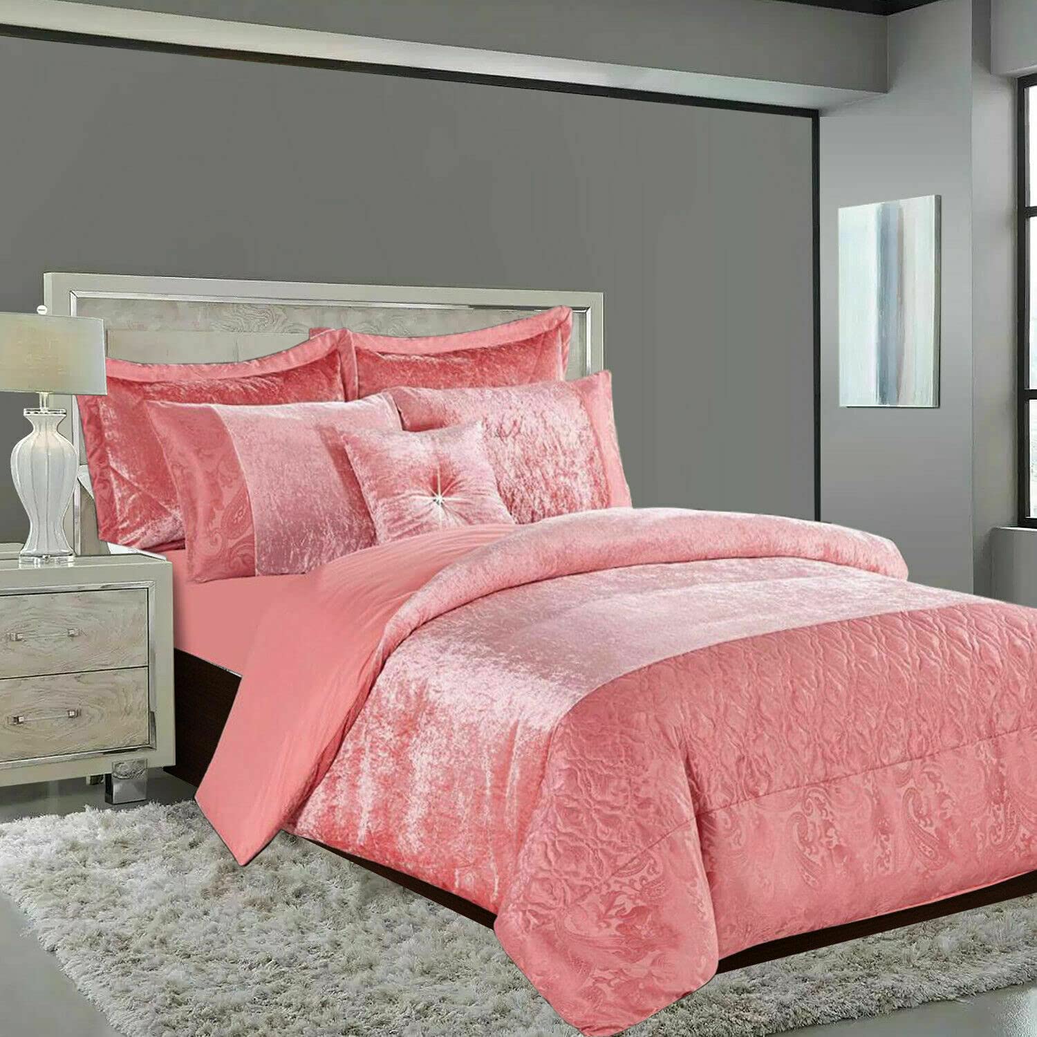 Duvet Set Blush-Pink New Luxury Santiago Duvet Cover Set Crushed Velvet Double King Super King Size (, Super-King)