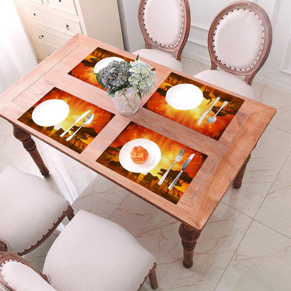 Set di 6 tovagliette all'americana con elefante africano, lavabili e resistenti al calore, in vinile PVC, per cucina, sala da pranzo, decorazione per tavolo