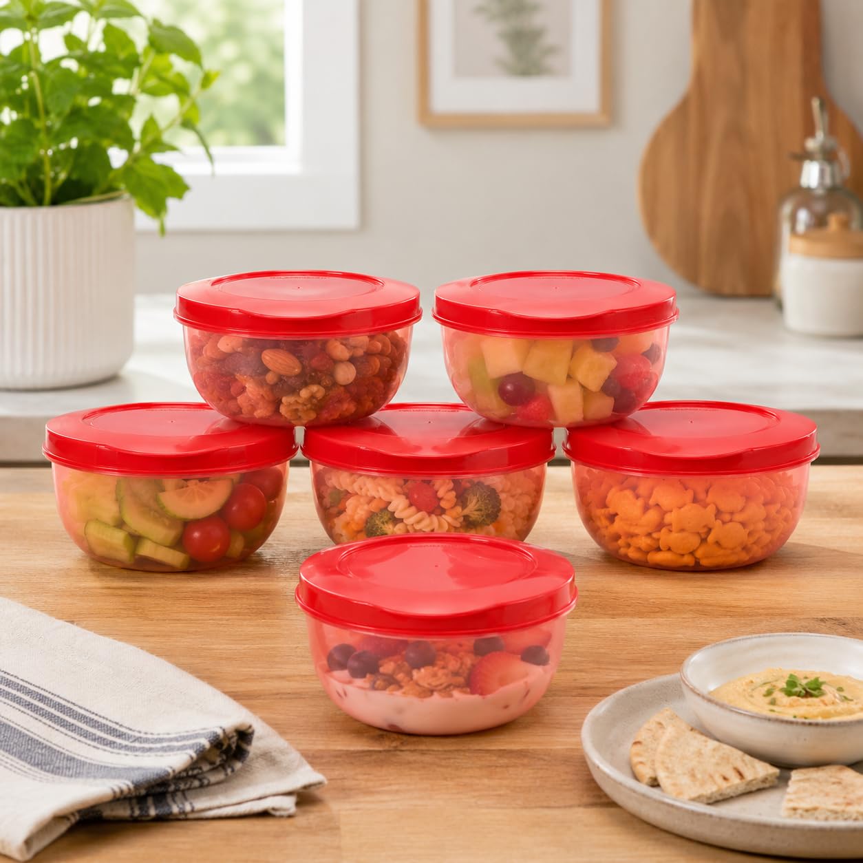 Cutting EDGE Eco-Storage - Juego de 6 recipientes de plástico para cocina y refrigerador, color rojo, 900 ml