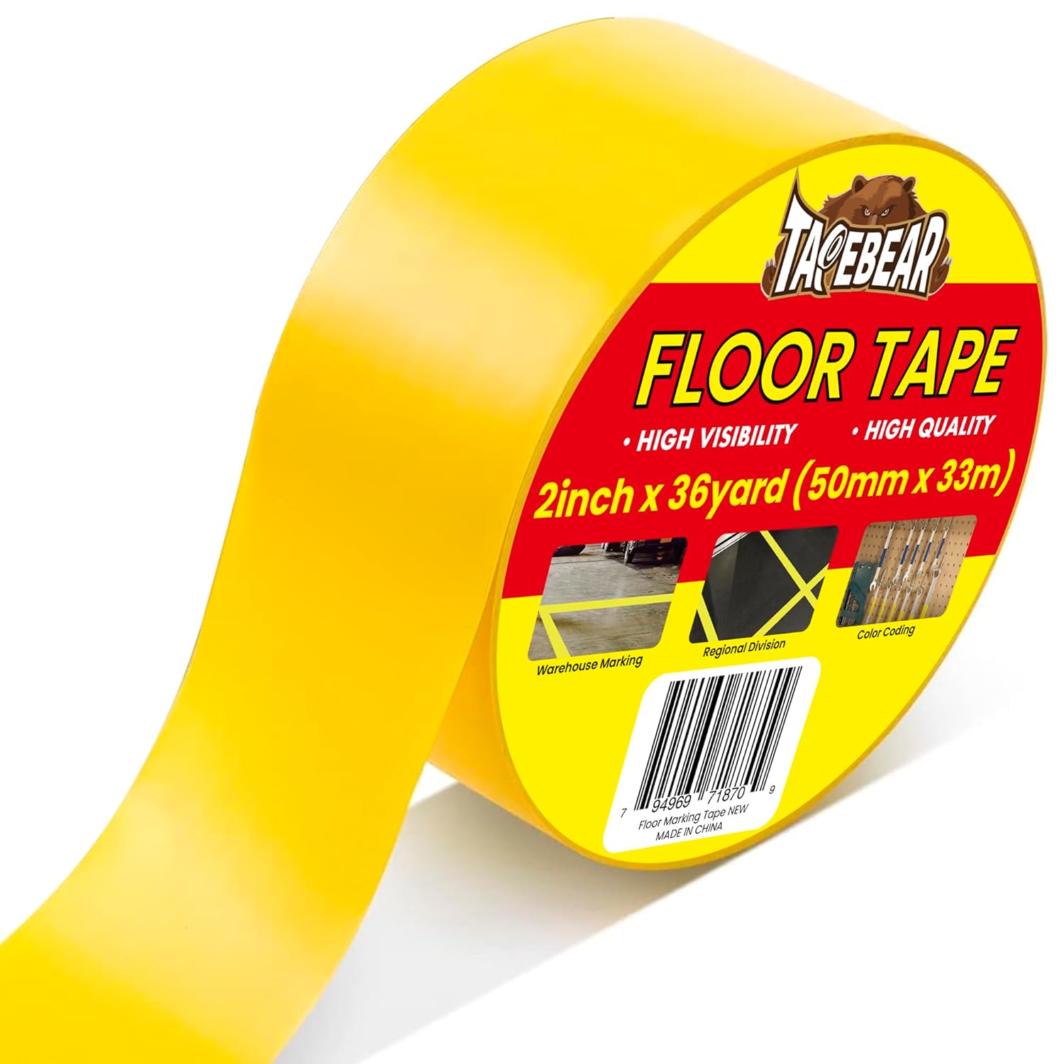 TAPEBEAR Floor Tape Yellow Vinyl Tape 2" x 36yds, Floor Caution Marking Dance Splicing Tape Safety Warning Stripe Abrasion-Proof Waterproof for Gym, Warehouse, Traffic Signage, Color Coding, 3Rolls