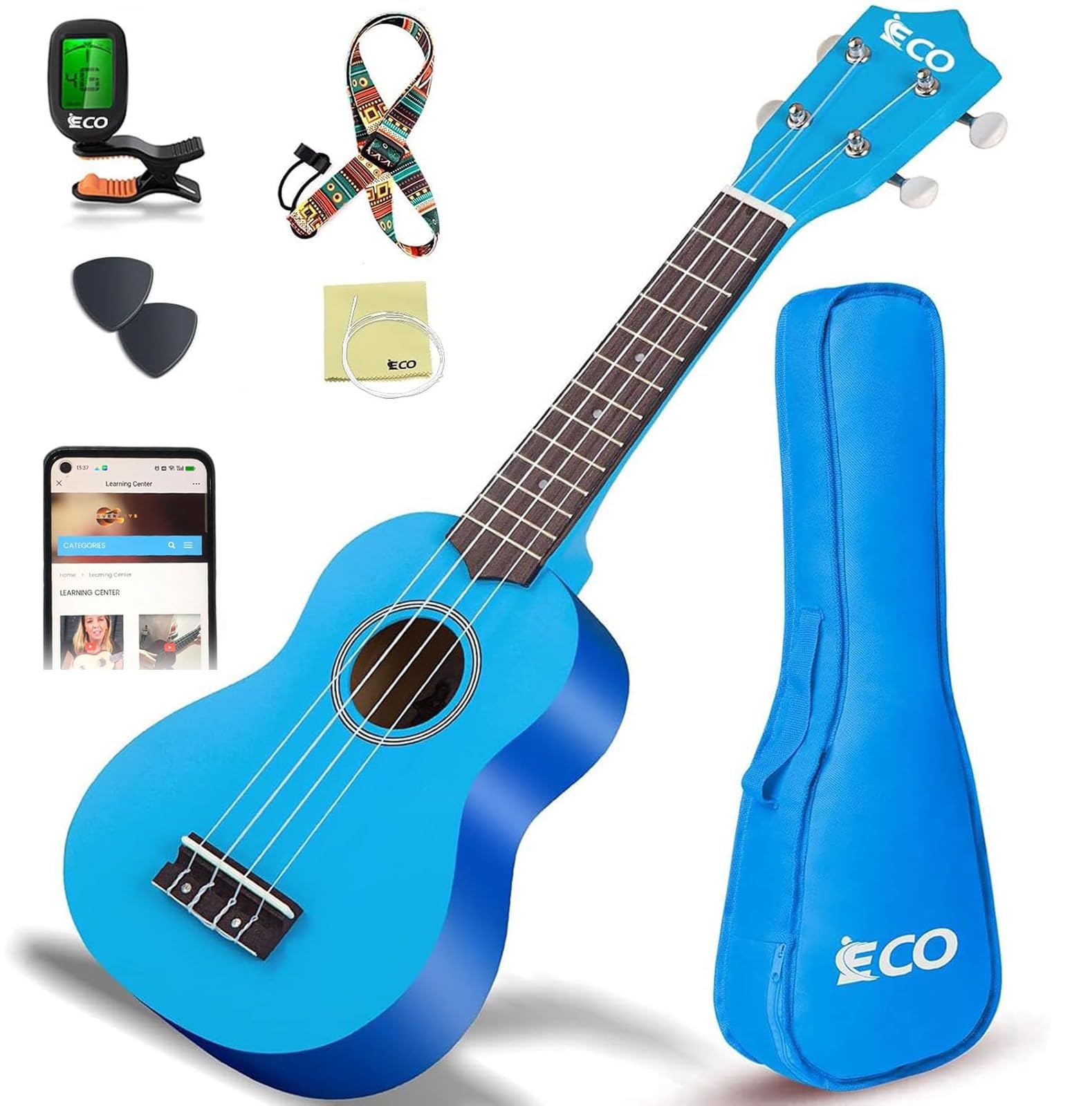 Kit de débutant ukulélé soprano pour enfants et débutants, Ukelele 21 pouces avec recueil de chansons, étui, sangle, accordeur, cordes et médiators