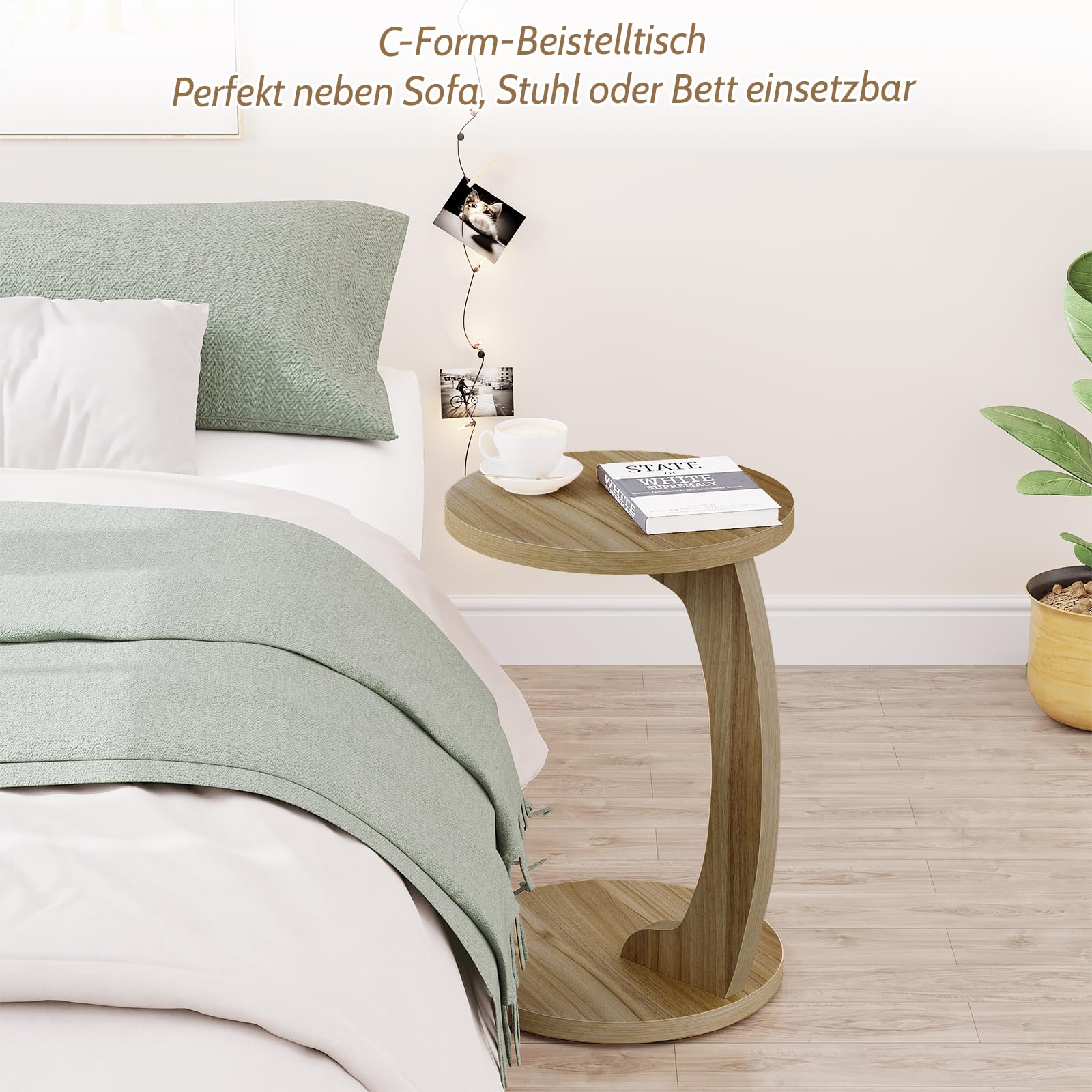 WOLTU Bijzettafel C-vorm, ronde salontafel, koffietafel, woonkamertafel, bijzettafel, kleine tafel voor bank, bed, van MDF, 38 x H 55 cm, licht eiken, BTS20hei