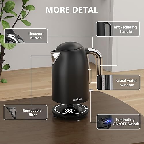 Miniatura 4 de Hervidores eléctricos, hervidor de té de 1.7L, calentador de agua caliente, teteras eléctricas de acero inoxidable sin BPA, apagado automático y