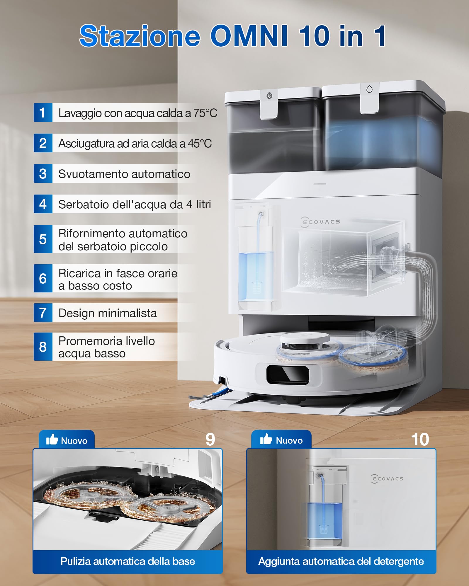 ECOVACS DEEBOT T30C OMNI Robot Aspirapolvere Lavapavimenti, 20000 Pa, ZeroTangle 3.0, Tecnologia TruEdge 2.0, Sistema di Lavaggio OZMO TURBO 2.0, Stazione All-in-one Migliorata, Bianco