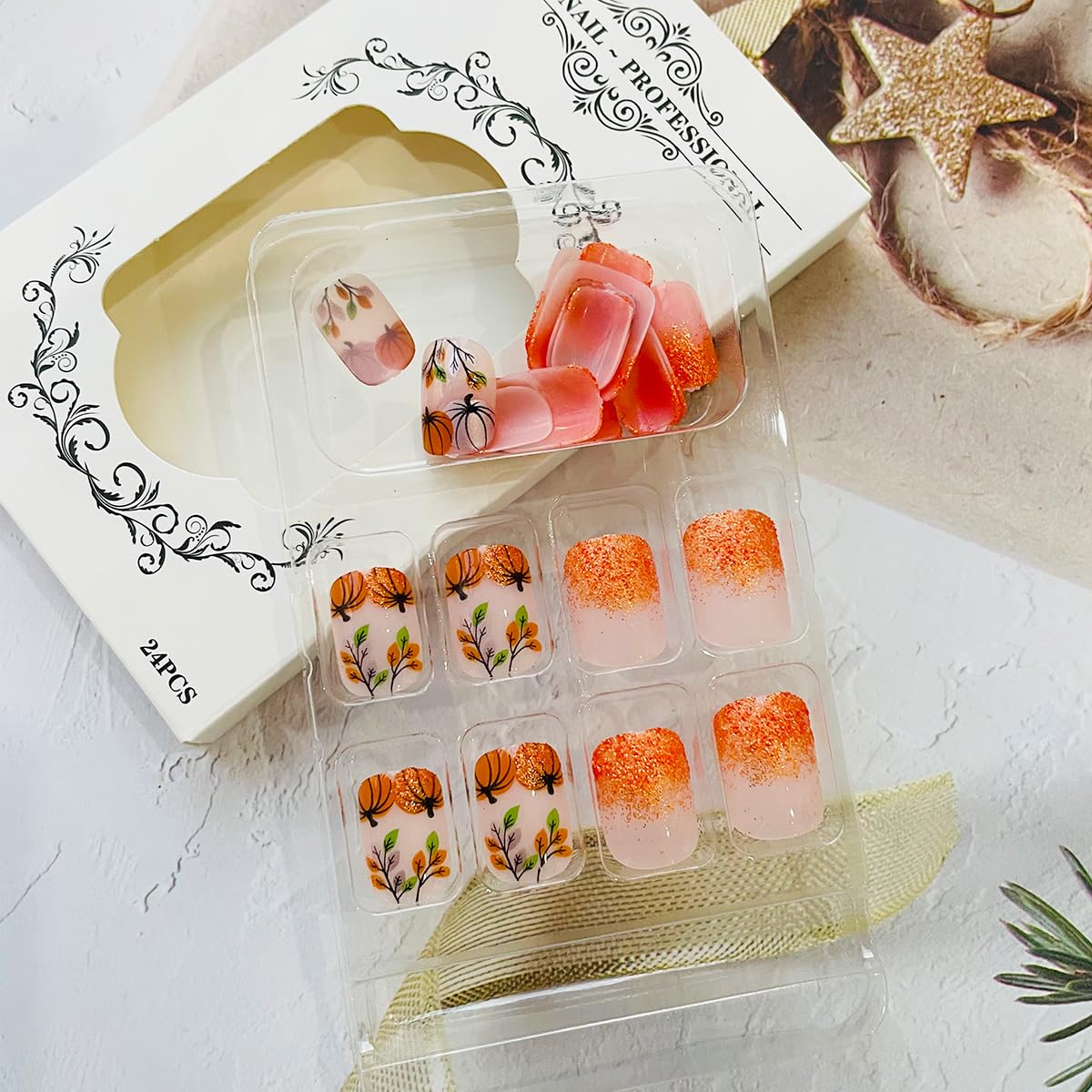 24 Pcs Fall Orange Glitter Press-On Nails - Image 3