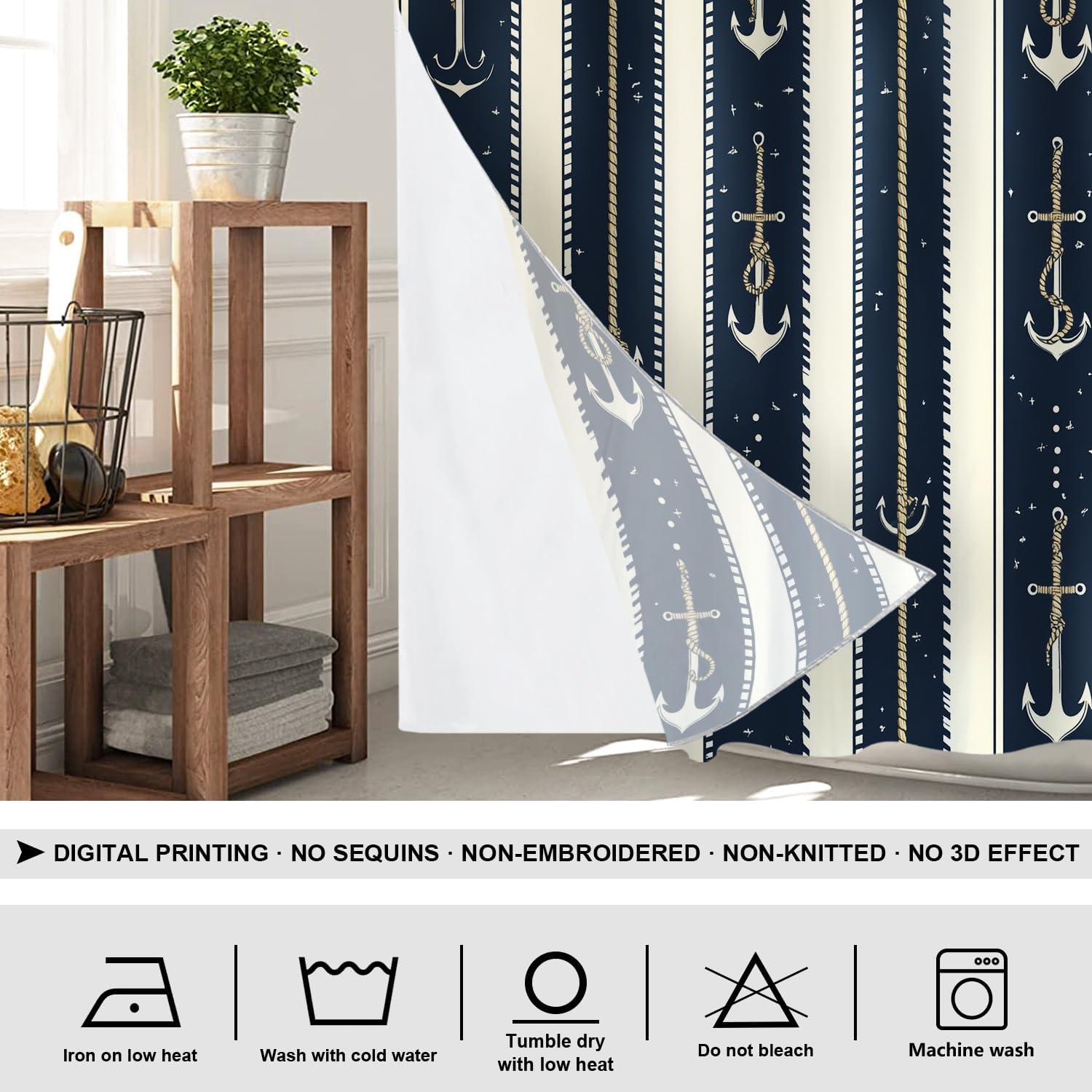 Shrahala Maritime Ship Elements No Hooks Shower Curtain with Snap in Liner Set, Ocean Vibes Sailor Bathroom Décor Polyester Fiber Waterproof for Stall Bathtubs 54 X 80 in