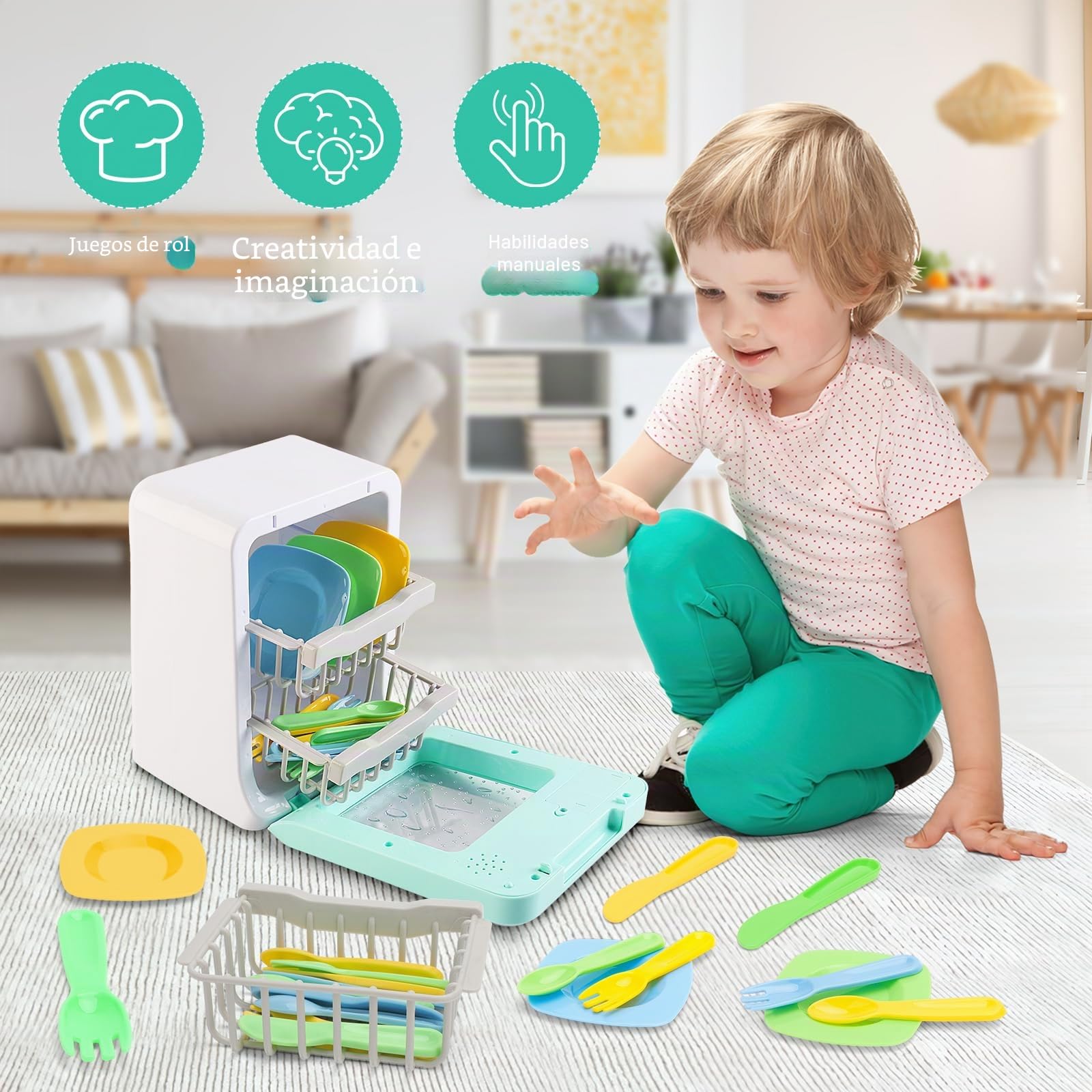 deAO Juego de Cocina para niños, Juego de lavavajillas con Variedad de Accesorios y Funciones realistas, Luces y Sonido incluidos, Juguete de simulación para niños y niñas pequeños