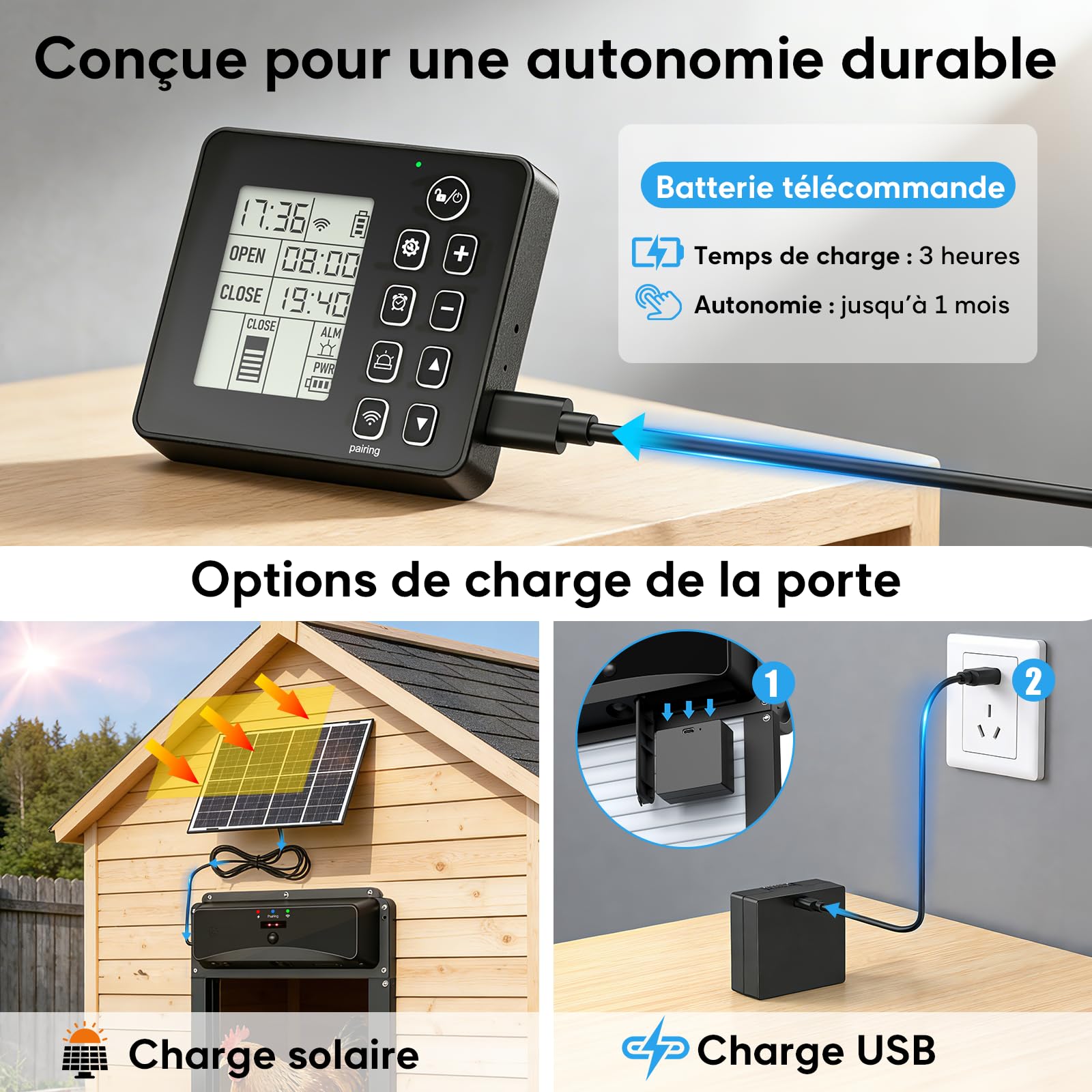 Porte Poulailler Automatique Solaire avec Télécommande sans Fil 120 m, Porte Enroulable Porte Automatique Poulailler Solaire avec Détection de Mouvement 120°, Minuterie, Fonction Anti-pincement