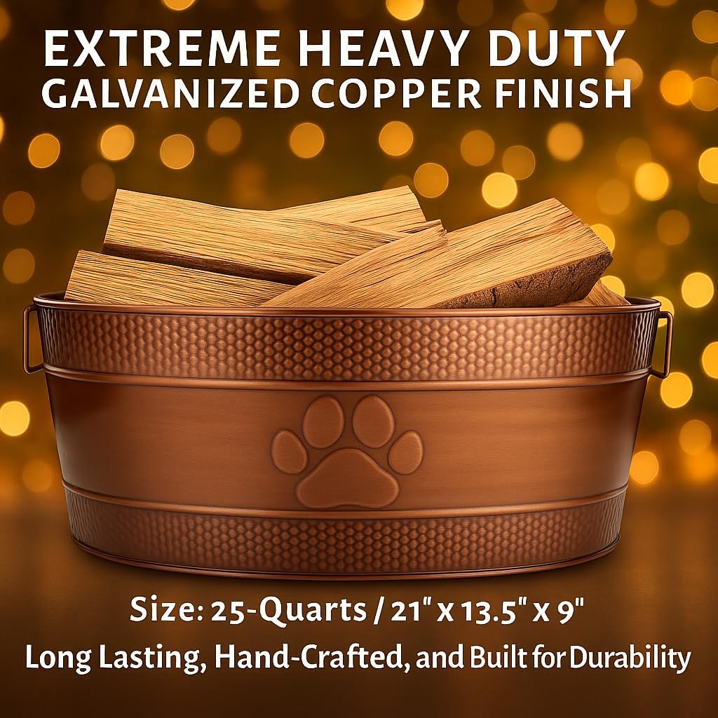 BREKX 25-Quart Tub for Firewood Storage Rack Log Holder - Heavy-Duty Portable Galvanized Tub with Handles for Indoor/Outdoor (Bronze Paw)