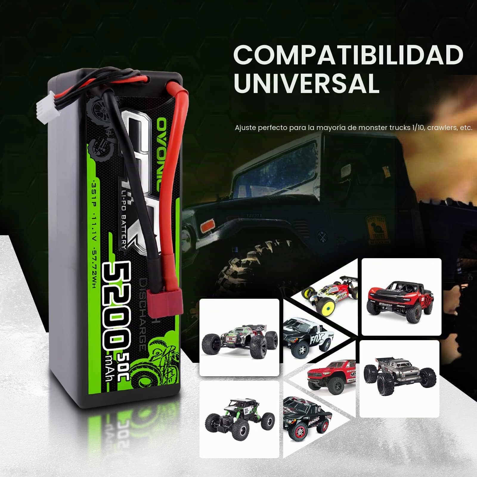 OVONIC - Batería de polímero de litio 3S 11.1V 5200mAh 50C con conector Deans, estuche duro para FPV RC Avión Auto Evader BX Quadcopter Helicóptero Camión Barco (2 piezas)