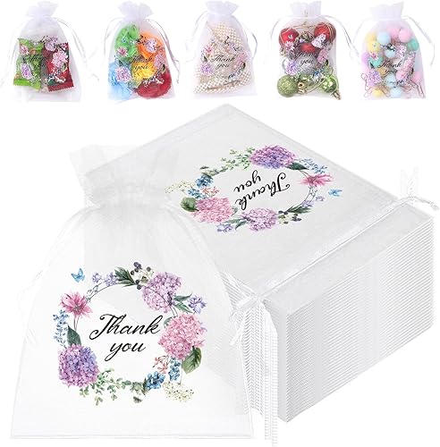 Miniatura 8 de MANOPAWS 100 bolsas de agradecimiento transparentes, bolsas de organza transparente, pequeñas bolsas de malla con cordón floral a granel, bolsa de