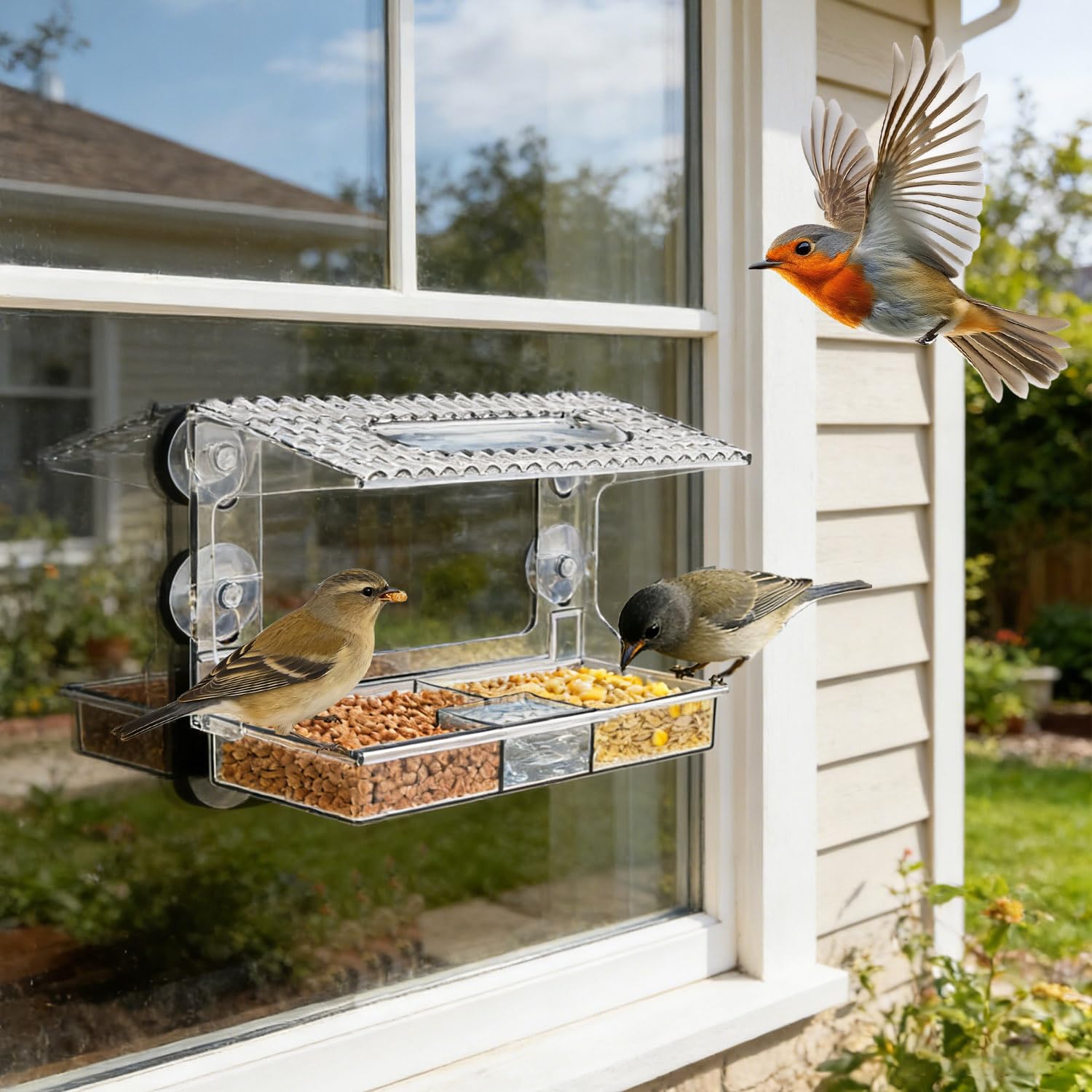 Mangeoire fenêtre Transparente Vue Claire pour Petits Oiseaux Sauvages, Ventouses puissantes