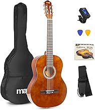 MAX SoloArt Guitarra clasica con cuerdas de nailon para Principiantes Adultos - guitarra flamenca con Funda, Afinador, Púa, Correa y Accesorios Guitarra Española 4/4 en Madera Natural Oscura