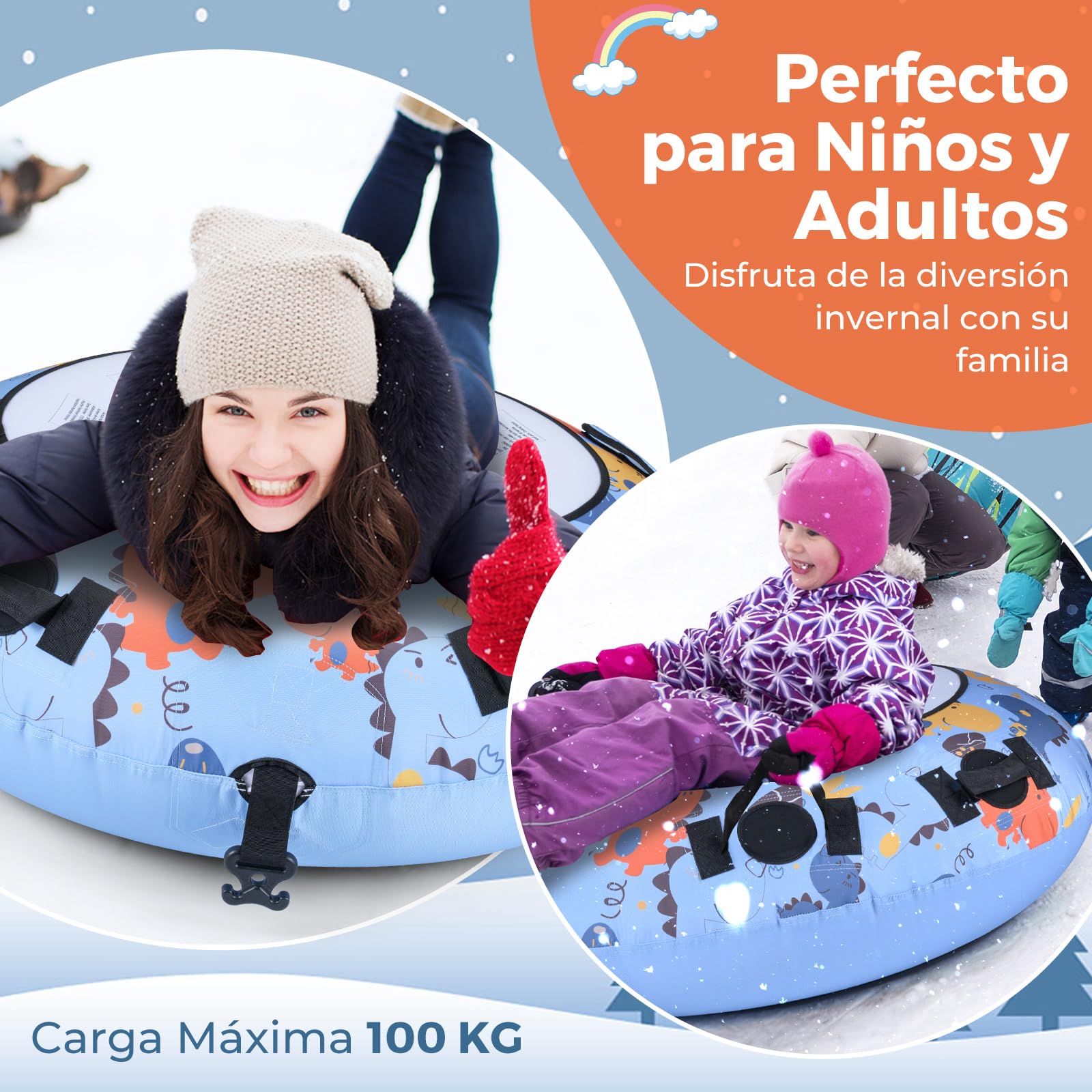 COSTWAY Tubo de Nieveφ132 cm, Oxford, Trineo de Nieve Inflable con Asas Resistentes E Inflador Manual, Carga hasta 100kg, Tubo de esquí Inflable Niños y Adultos