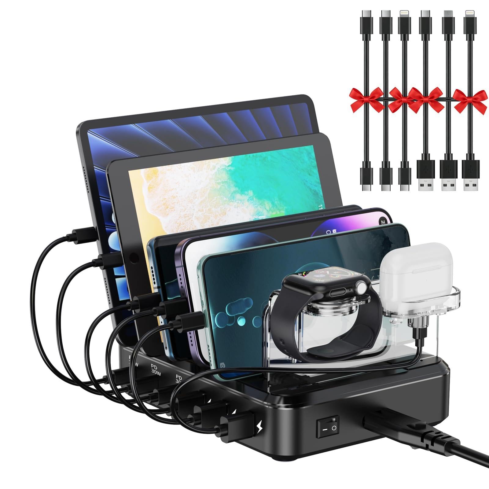 Stazione di ricarica per più dispositivi, stazione di ricarica rapida USB-C a 6 porte per iPad, iPhone, Android, telefoni cellulari, tablet, organizer per più dispositivi (6 cavi corti inclusi)