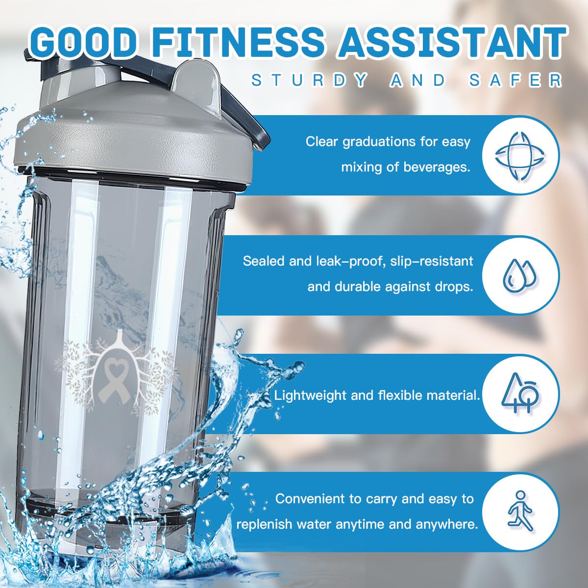 Lung Cancer Awareness 18 Ounce Shaker Cup,Fashion Theme Pattern Shaker Bottle Leak-proof Workout Shake Bottles 500ML/18 oz Perfect for Pre Workout Gray 0