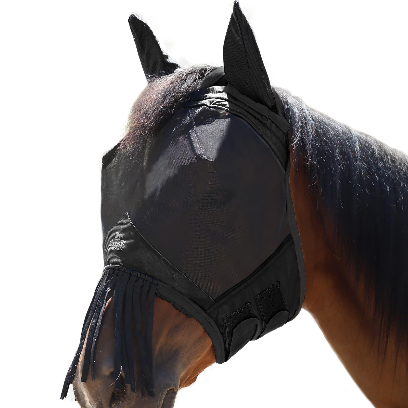 Harrison Howard CareMaster Horse Fly Mask with Ears and Nose Fringe Fly Protector Defender Mask-Piano Negro L