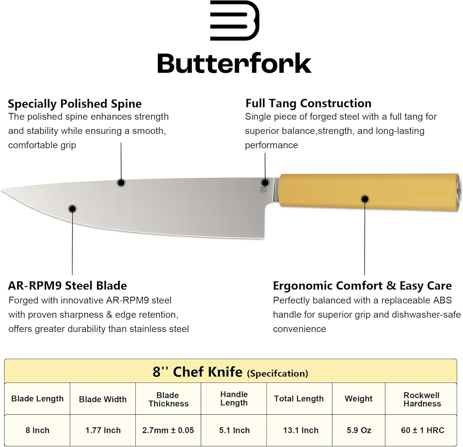Butterfork 8 Inch Chef Knife, AR-RPM9 Steel & Ergonomic Handle Cooking Knife, Ultra Sharp Professional Kitchen Knife with Gift Box for Home Chefs - Image 2