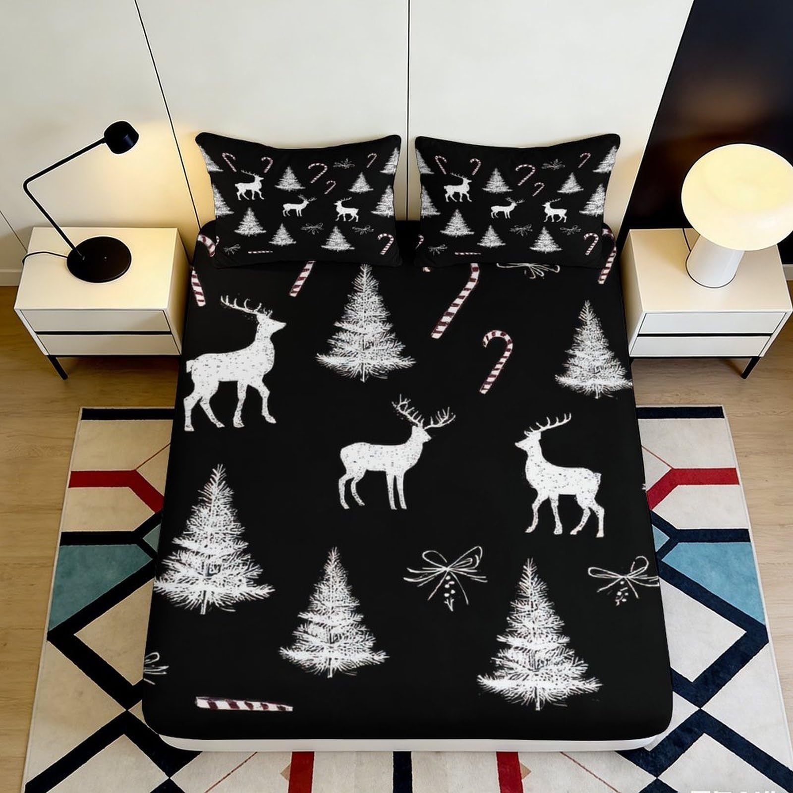 3D Printed Christmas Reindeer Fitted Sheet Microfiber Soft Forest Tree Bed Cover for Bedroom Guest Room Dorm Mattress Protection Decor 180x200x25cm