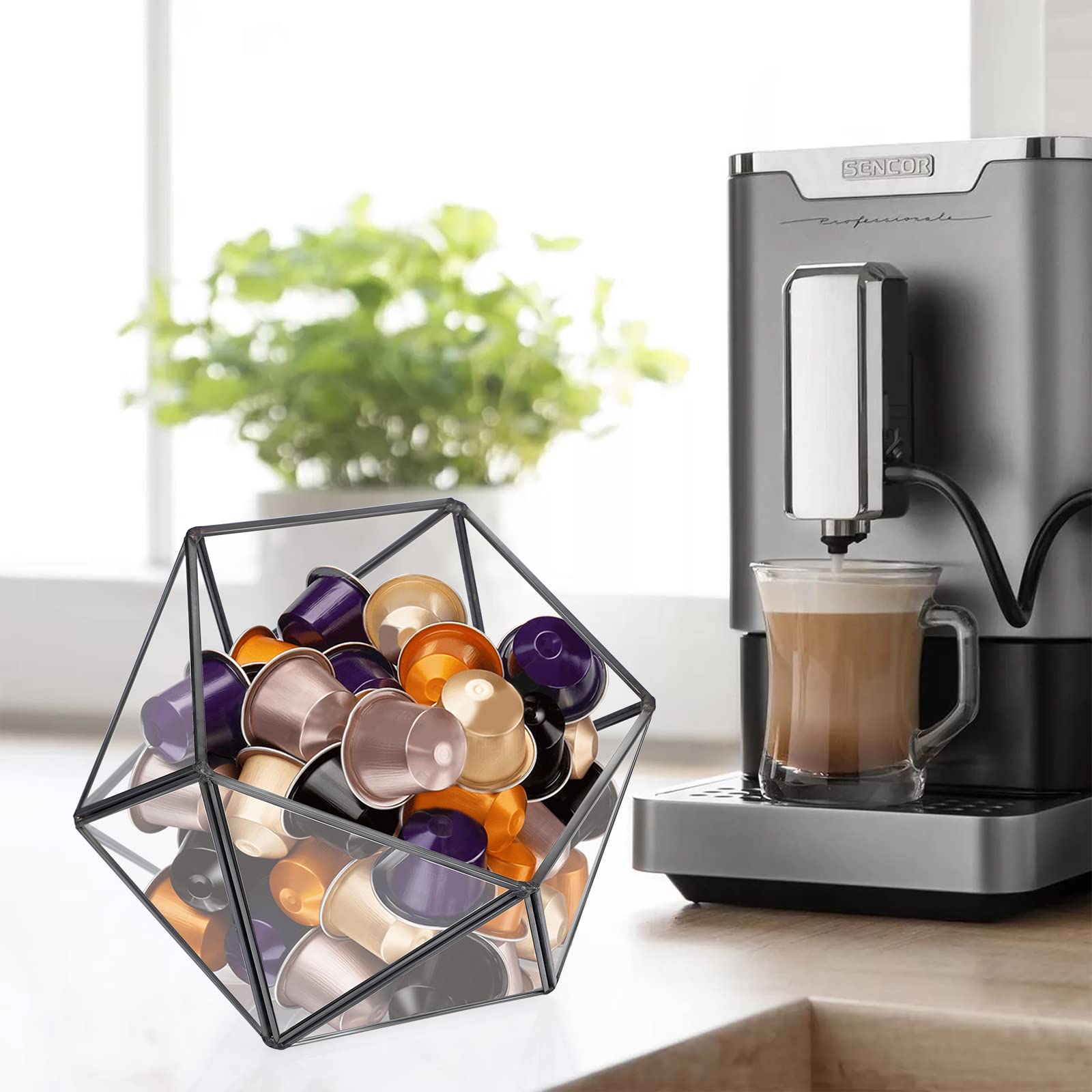 ELLDOO Porta cialde di caffè in vetro nero, 15 lati, geometrica, organizer per capsule di caffè K Cup Espresso, bustine di tè e zucchero, per cucina, bar, bancone ufficio