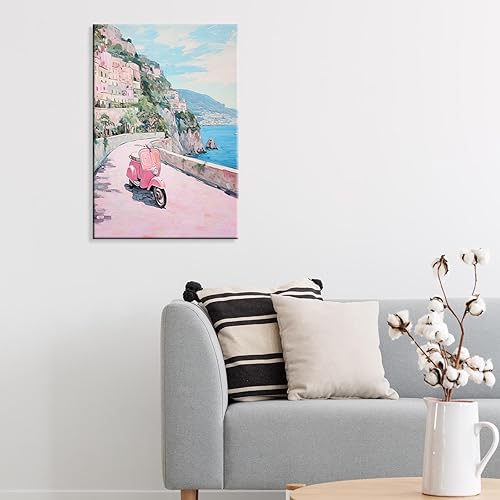 Miniatura 3 de Quark Arte de pared retro de la costa de Amalfi, decoración costera rosa italiana, decoración costera italiana, pastel, Vespa, paisaje, decoración