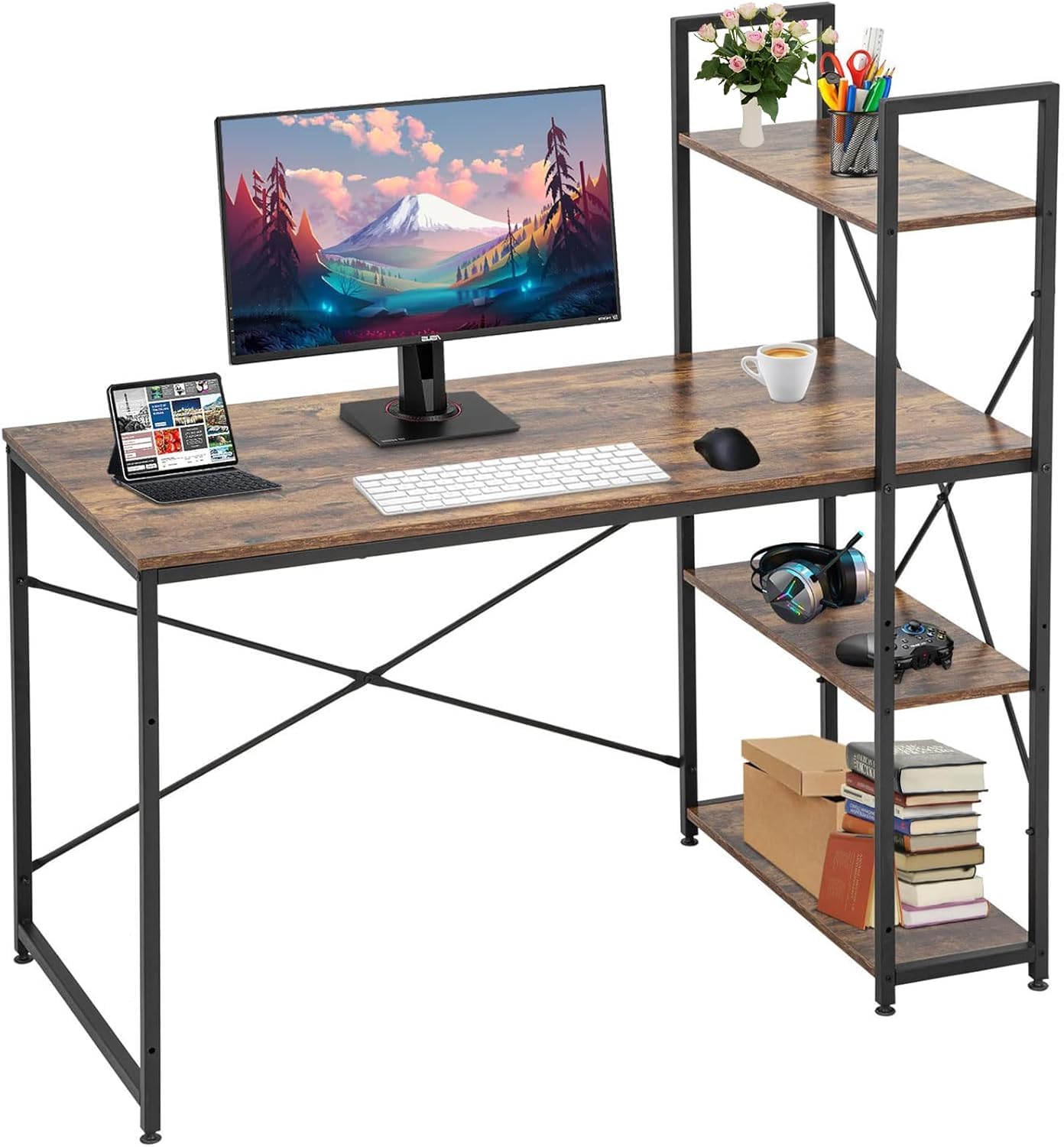 YOBWOK Computer Desk with 4 storage shelves,Writing Desk with Storage Shelves on Left or Right,120x60x72cm Wide Home Office Desk, for Study, Easy Assembly,Industrial Style, Rustic Brown