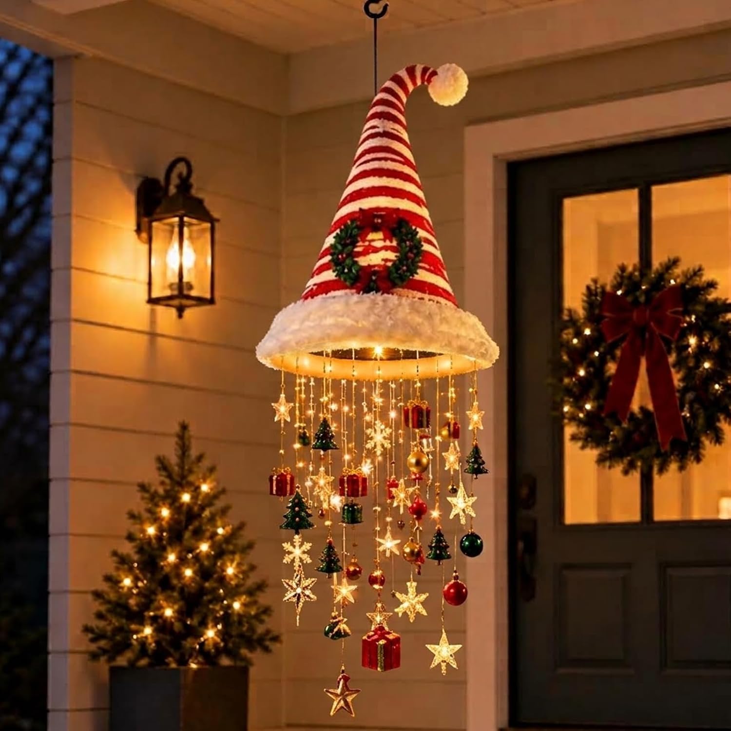 Lighted Santa Hat Chandelier Hanging Glowing Plush Lamp Warm Lights，Red D