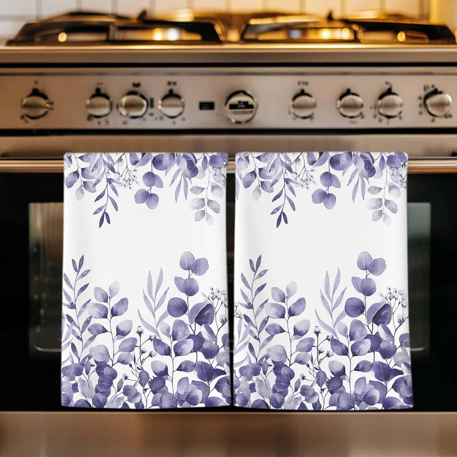 Sage Green Eucalyptus Kitchen Towels Set of 2, Absorbent Dish Towels for Kitchen, Botanical Summer Leaves Country Floral Microfiber Hand Towel, Quick Drying Tea Towel for Cleaning Dishcloths