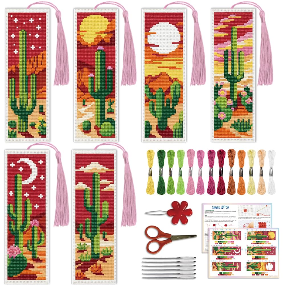 ACRNIGHEET 6PCS Cross Stitch Bookmark Kit for Beginner Stamped Cross Stitch Kits for Adults Cactus DIY Tassel Embroidery Bookmark Kits Needlepoint Kit with Instructions Craft Gift 8.5''x3'' 11CT