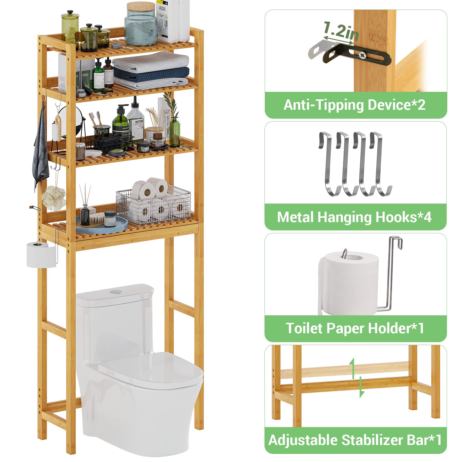 VIAGDO Over The Toilet Storage Shelf, Bamboo 4-Tier Bathroom Space Saver Organizer Rack with Toilet Paper Holder, Freestanding Above Toilet Stand with 4 Hooks for Bathroom, Restroom, Laundry