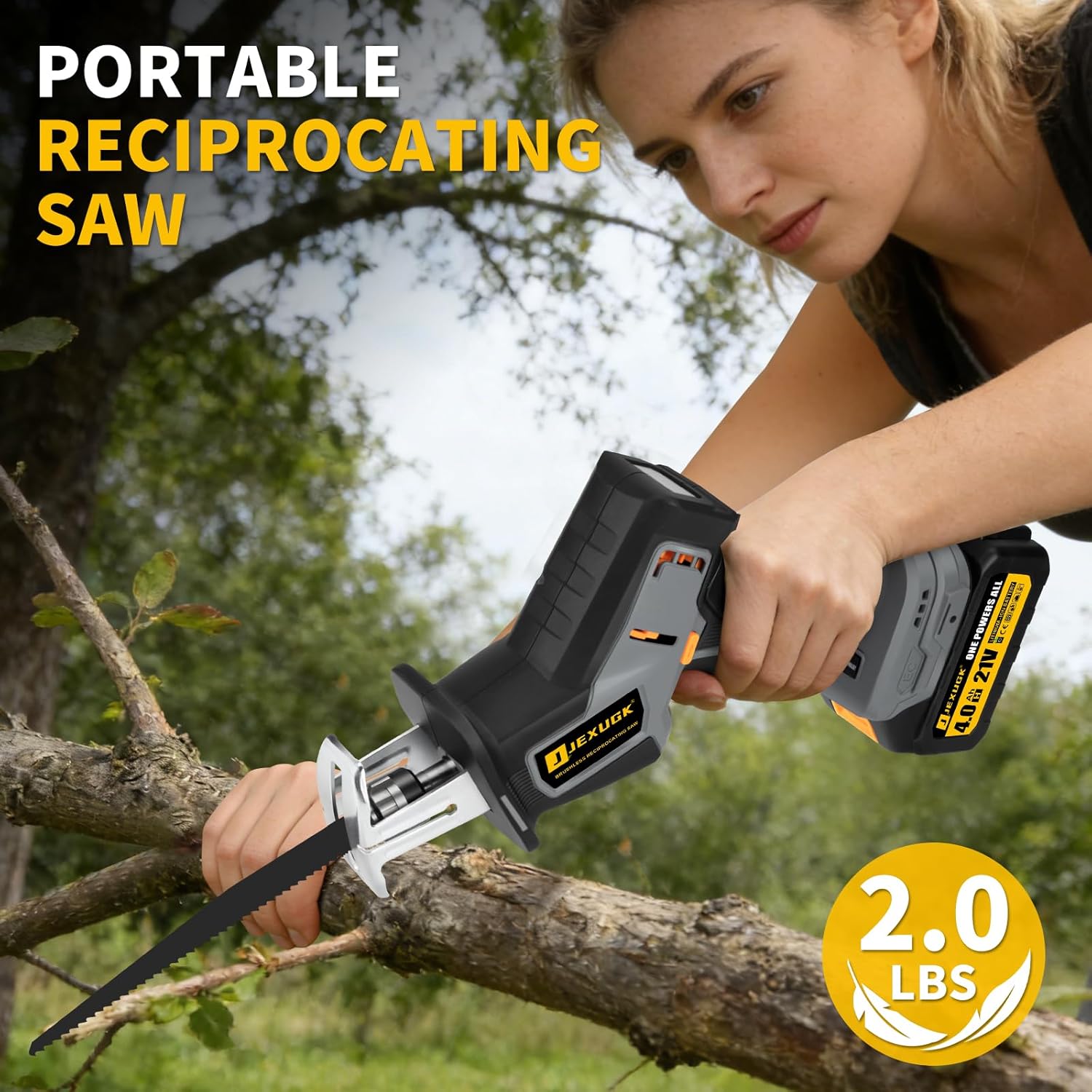 JEXUGK Reciprocating Saw, 21V Cordless Brushless Sawsall with 2 x 4.0Ah battery, 3500 SPM Variable Speed Zaw Saw with 12 Blades, Power Sierra Recíproca Tool‑Free Blade Change for Wood Metal PVC