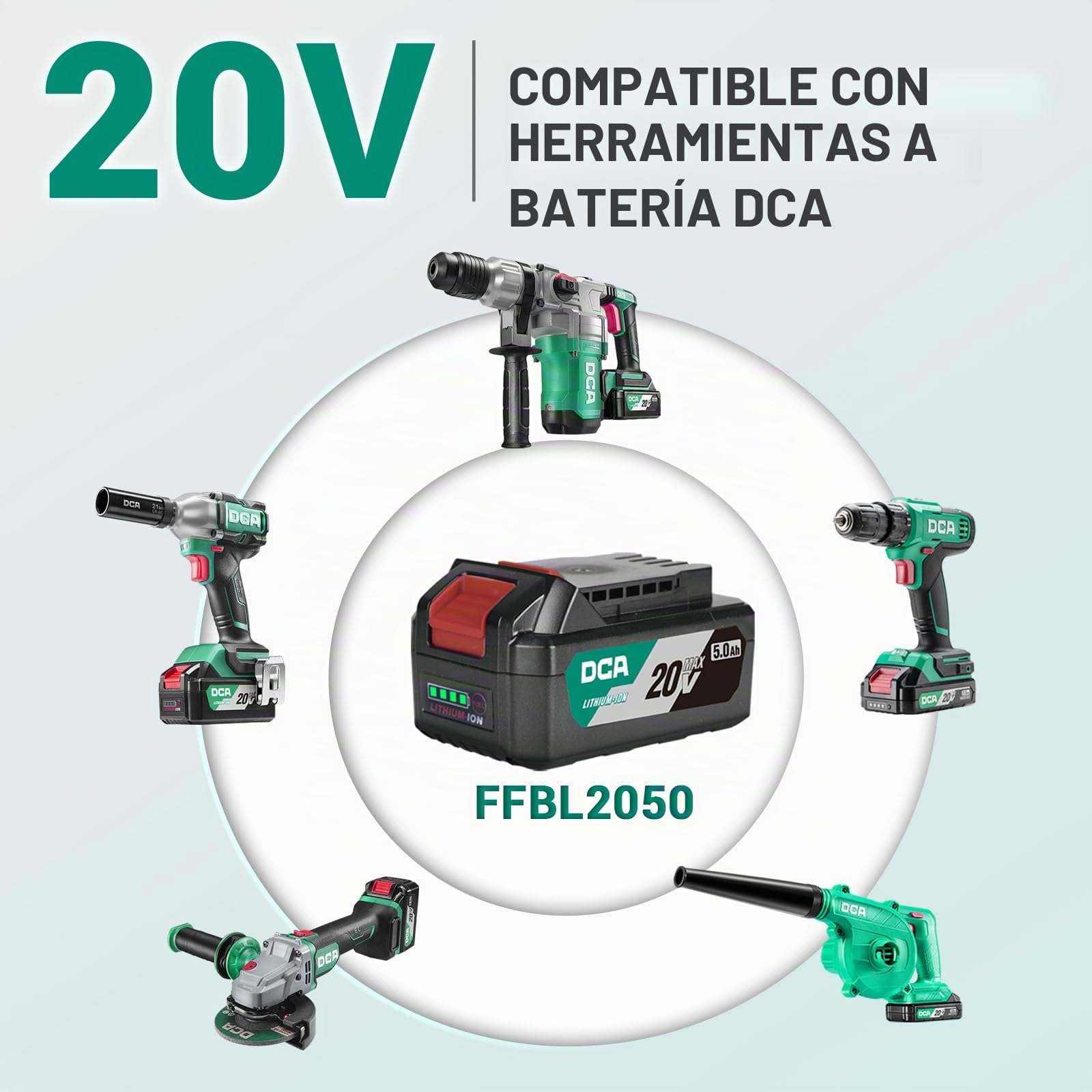DCA Batería de iones de litio de 20 V, 5,0 Ah con alta capacidad, herramienta compacta de 20 V, 1,4 lbs (FFBL2050)