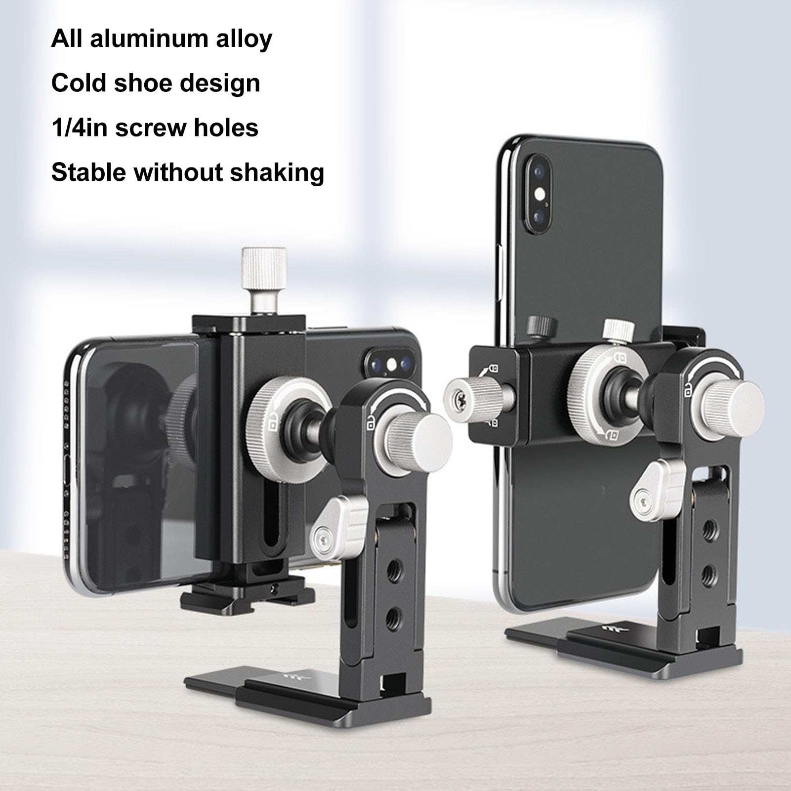 Soporte de trípode Ajustable para teléfono con Zapata fría Superior para micrófono o luz, construcción de aleación de Aluminio sólido, enchufes Verticales y horizontales
