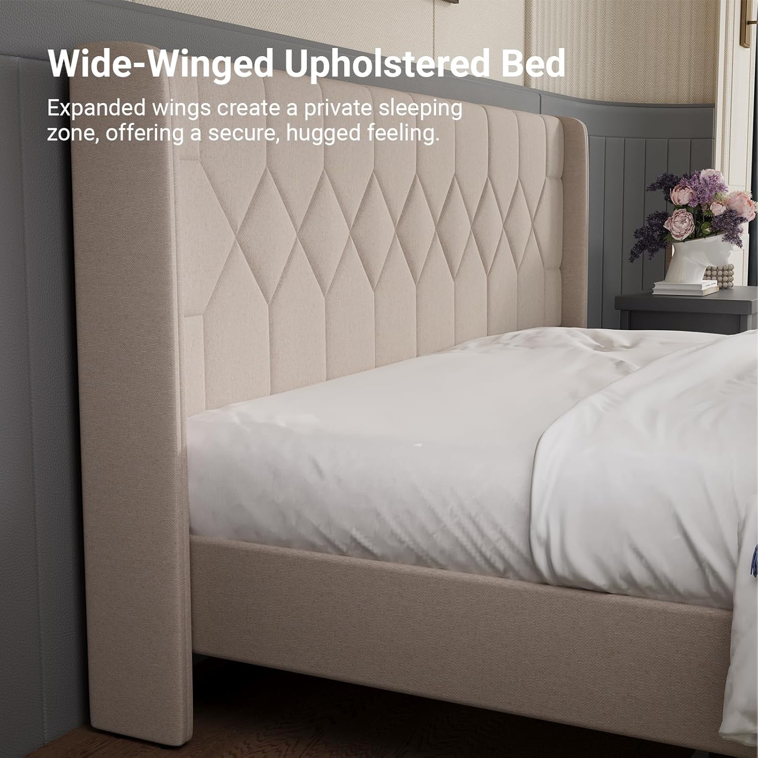 Avenco King Size Bed Frame, Upholstered Winged Headboard Platform Bed, Easy Tool-Free Assembly & Under Bed Storage, Beige