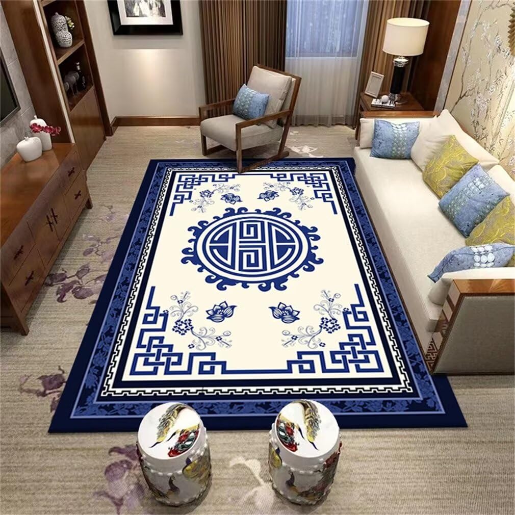 Tapis poil court bleu 100x160cm moquette de salon au style classique raffiné