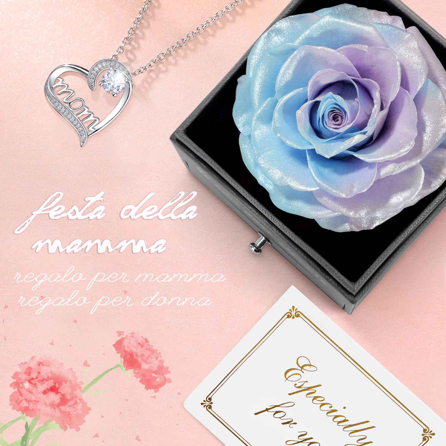 Miofula Festa della Mamma Idee Regalo,Rosa Stabilizzata Vera Regalo Mamma Compleanno,Rosa Eterna con Collana Argento 925 Donna, Migliore Mamma del Mondo, Regali Festa della Mamma, Regalo Collana Donna